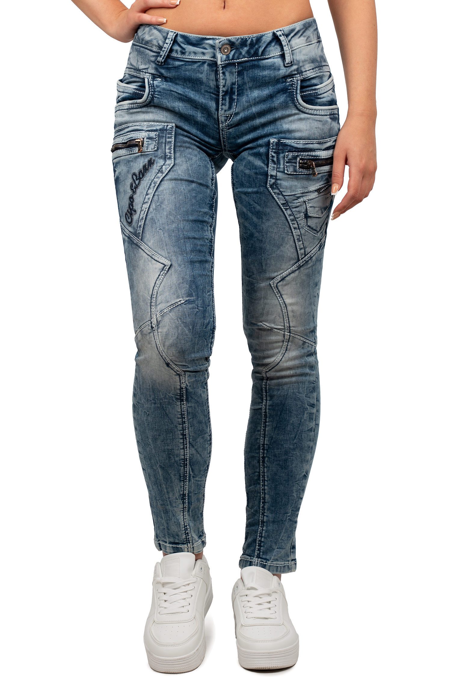 Cipo & Baxx Slim-fit-Jeans Damen Slim Fit Low Waist Hose Stone BA-WD322 im Biker Style mit Zippern und Ziernähten