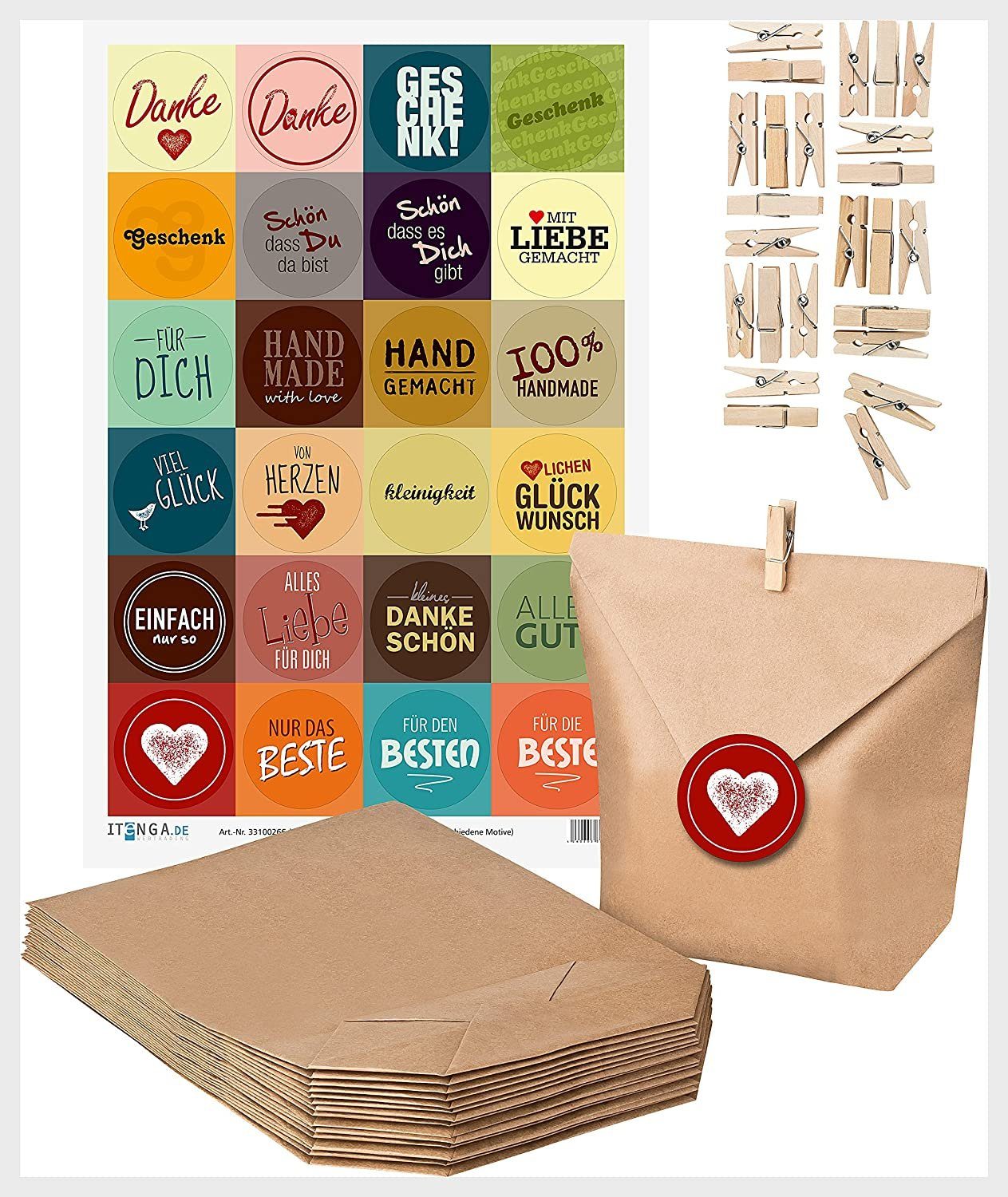 itenga Geschenkpapier SET MIX 24x Geschenktüten + 24x MiniKlammer + 24x verschiedene Aufkleb