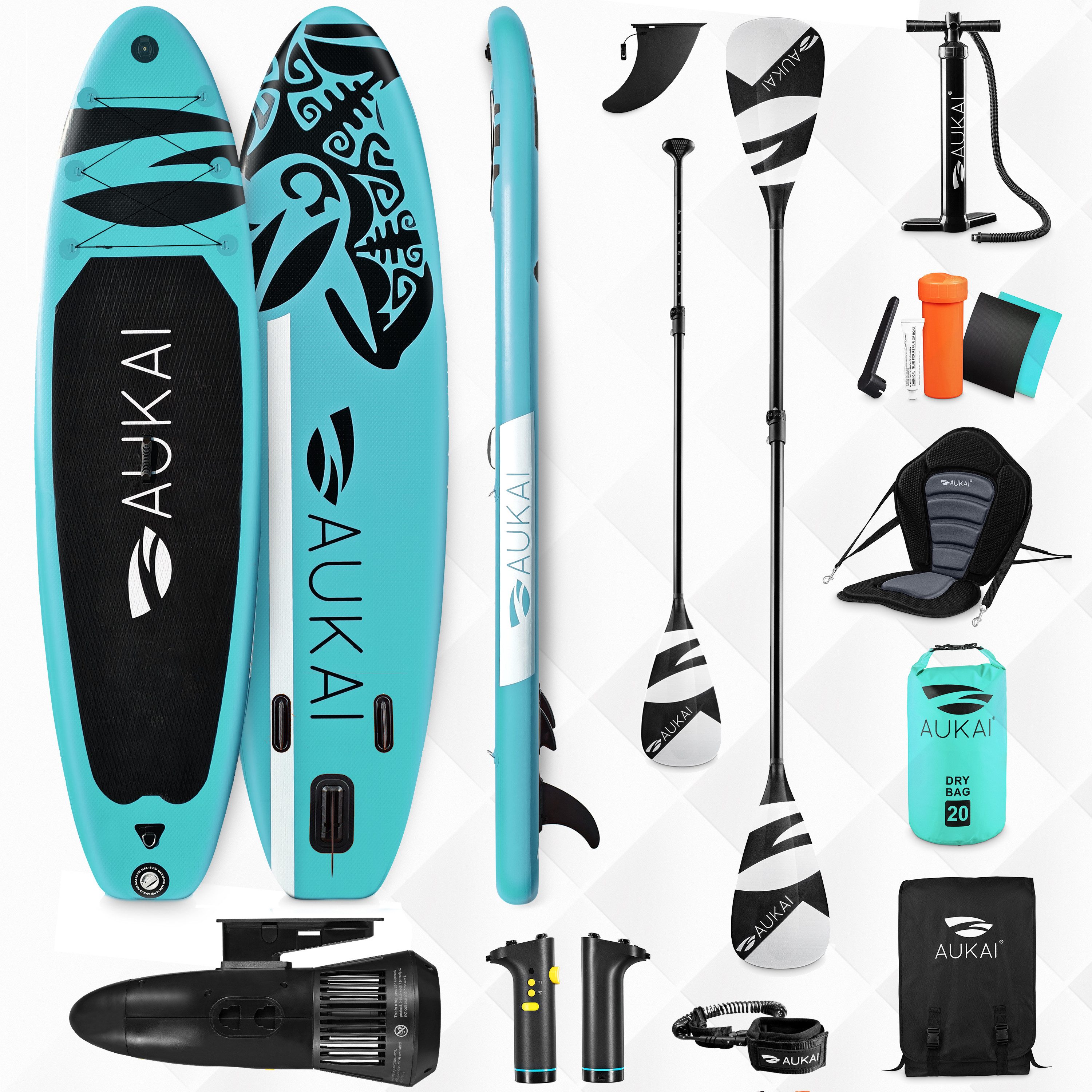 Aukai SUP-Board PRO 320cm, 2in1 Aufblasbares Stand up Paddle Set mit Kajak-Sitz, 2in1 mit Elektromotor, (Action-Cam-Halterung, Fußschlaufe, Pumpe, Rucksack, AquaBag), Komplettsett - 5 Jahre Garantie