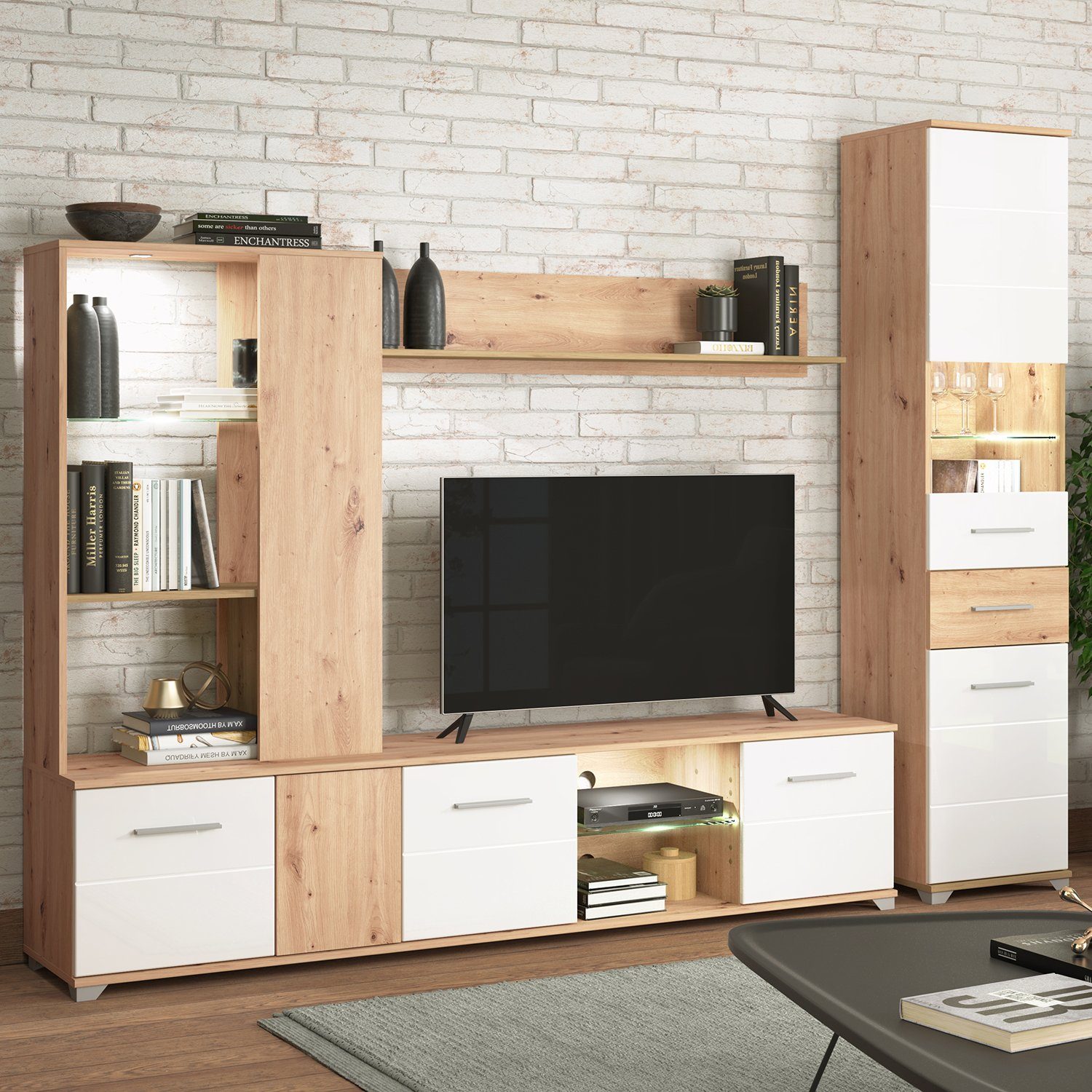 Homestyle4u Wohnwand »Schrankwand Anbauwand Holz Eiche Weiß Hochglanz«,  (2-St) online kaufen | OTTO