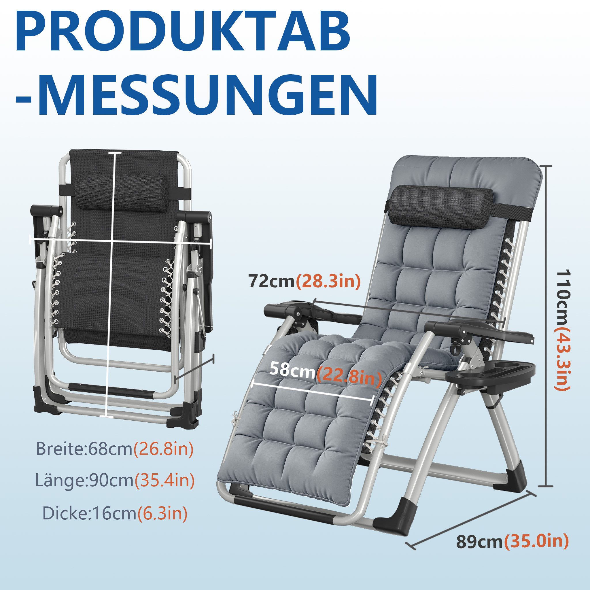 FIVMEN Gartenliege Sonnenliege klappbar Liegestuhl Verstellbare Rückenlehne 90–170°, inkl. Nackenkissen, Getränkehalter, Seitentasche, bis 160kg