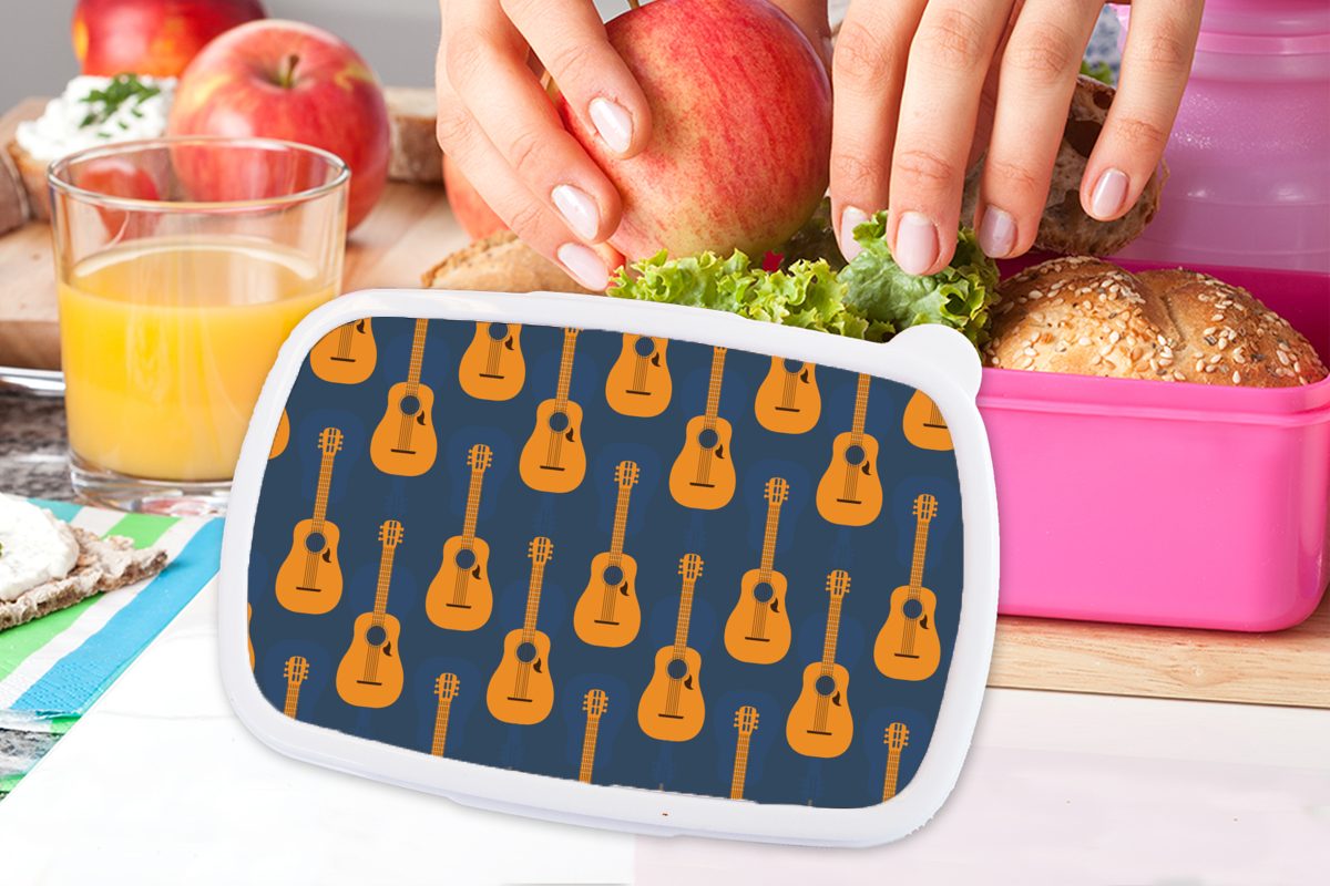MuchoWow Lunchbox Gitarre Snackbox, Brotdose Musik, - - (2-tlg), Patterns für Mädchen, Erwachsene, rosa Kinder, Kunststoff, Brotbox Kunststoff