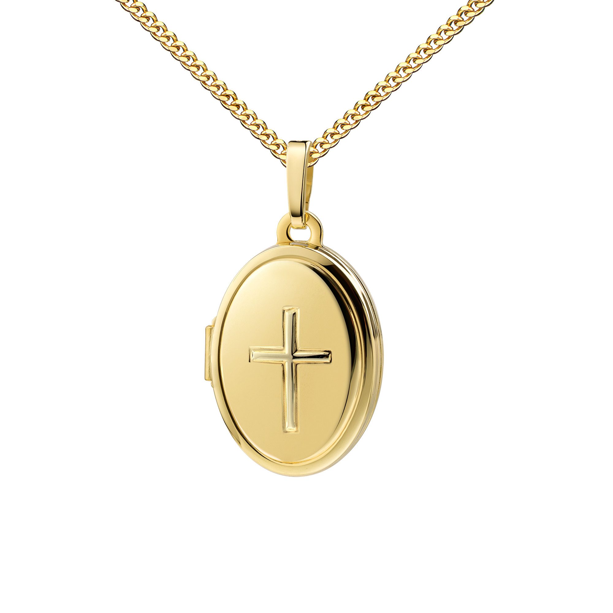 JEVELION Kette mit Anhänger Medaillon Gold 333 Kreuz-Ornament Anhänger zum Öffnen für 2 Bilder (Amulettanhänger aus Gold, für Damen und Mädchen), Mit Panzerkette vergoldet - Länge wählbar 36 - 70 cm