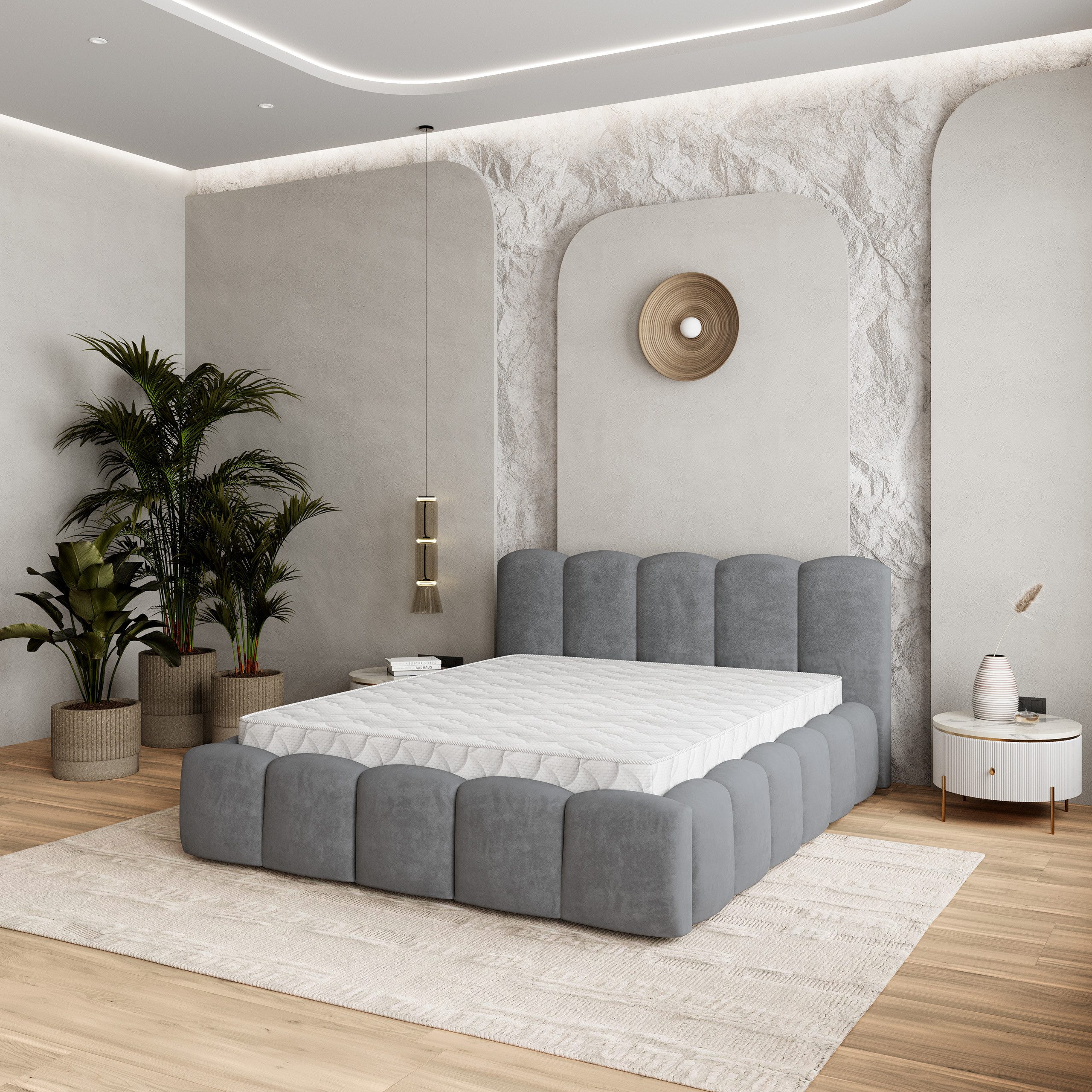 Masseno Polsterbett FALINA 160x200 cm grau (mit Bettkasten und Lattenrost)