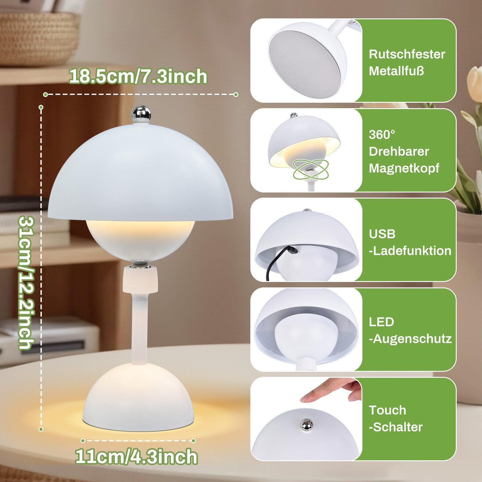 MUPOO LED Nachtlicht Kabellose LED-Tischleuchte Magnetisch, Touch Dimmbar, 3000-6500K