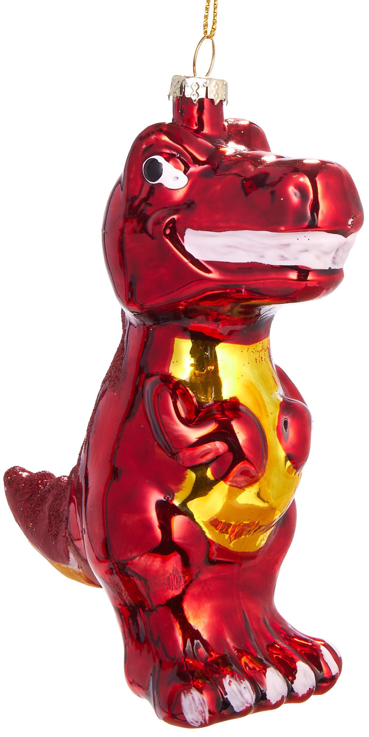 BRUBAKER Christbaumschmuck Mundgeblasene Weihnachtskugel Roter T-Rex, weihnachtlicher Dino-Anhänger aus Glas, handbemalt - 12 cm