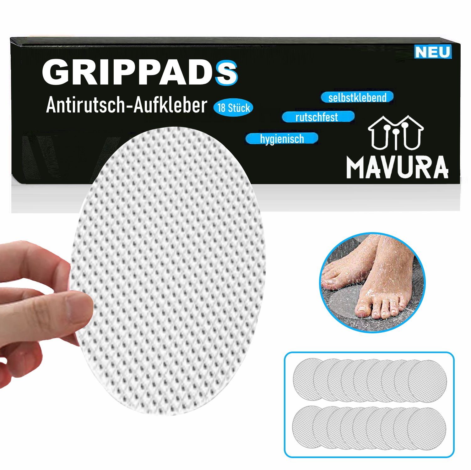 MAVURA Antirutsch-Aufkleber GRIPPADS Anti-Rutsch Aufkleber Sticker Badewanne Dusche, XXL Sticker Streifen Anti Rutsch Pads Rund Antirutschmatte18x