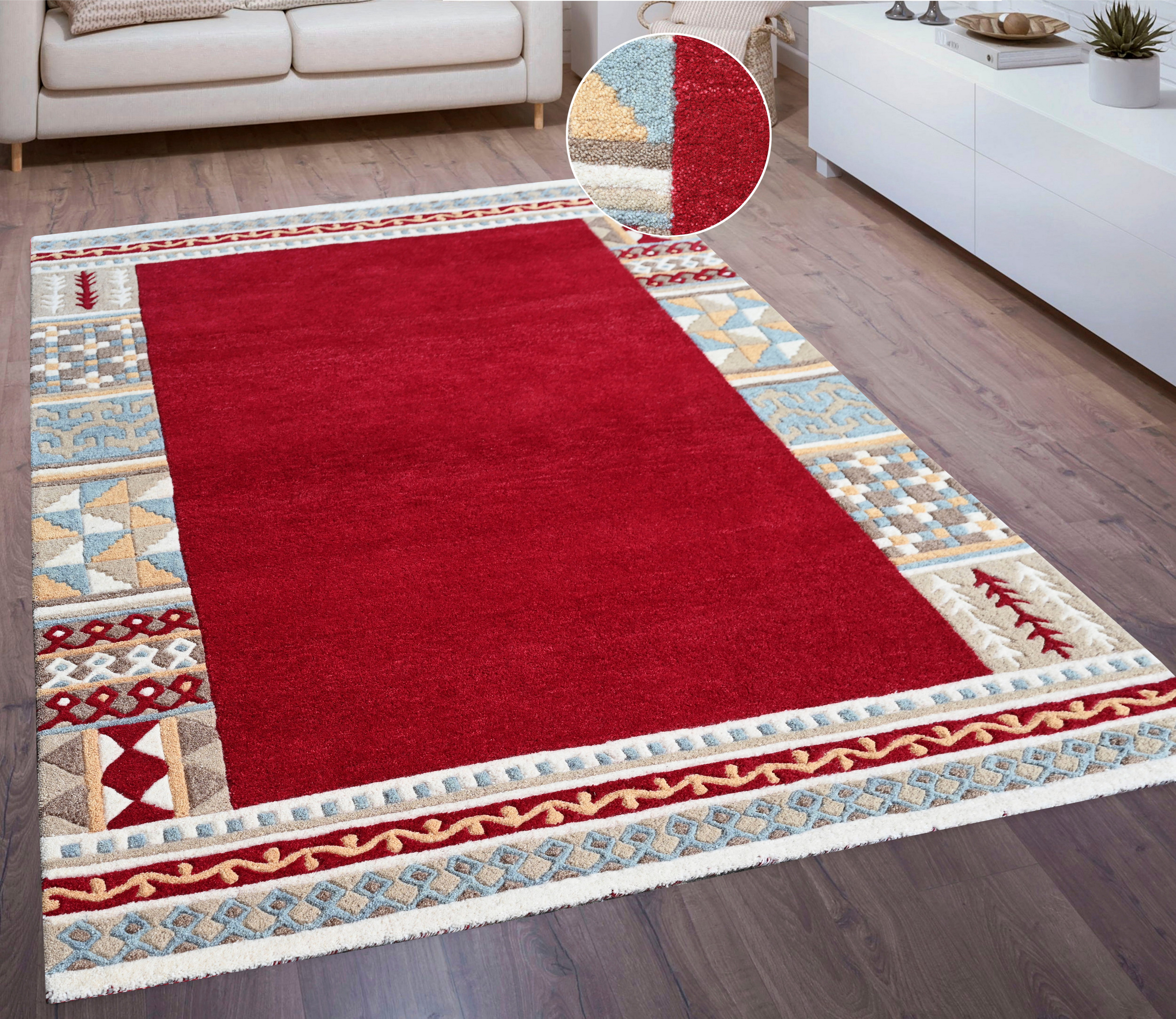 THEKO Wollteppich Nuno, reine Wolle, handgearbeitet, mit Bordüre, rechteckig, Höhe: 14 mm, handgetuftet, Wohnzimmer, Schlafzimmer, Esszimmer, auch als Läufer