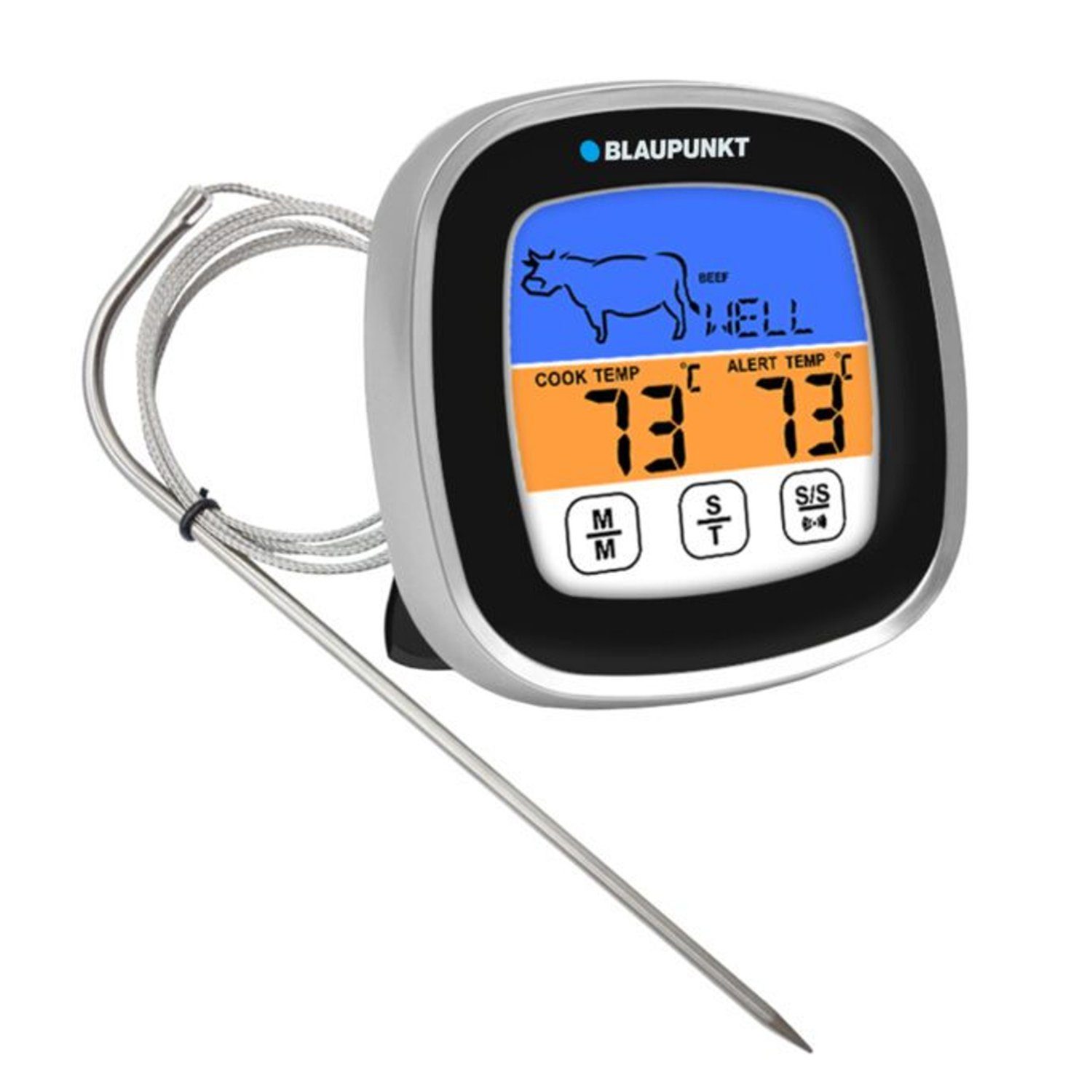 Blaupunkt Grillthermometer FTM501, [ -20 bis 300 °C ] Auswahl an 8 Fleischsorten und 5 Garstufen; Touch-Display; Kabel: 1m