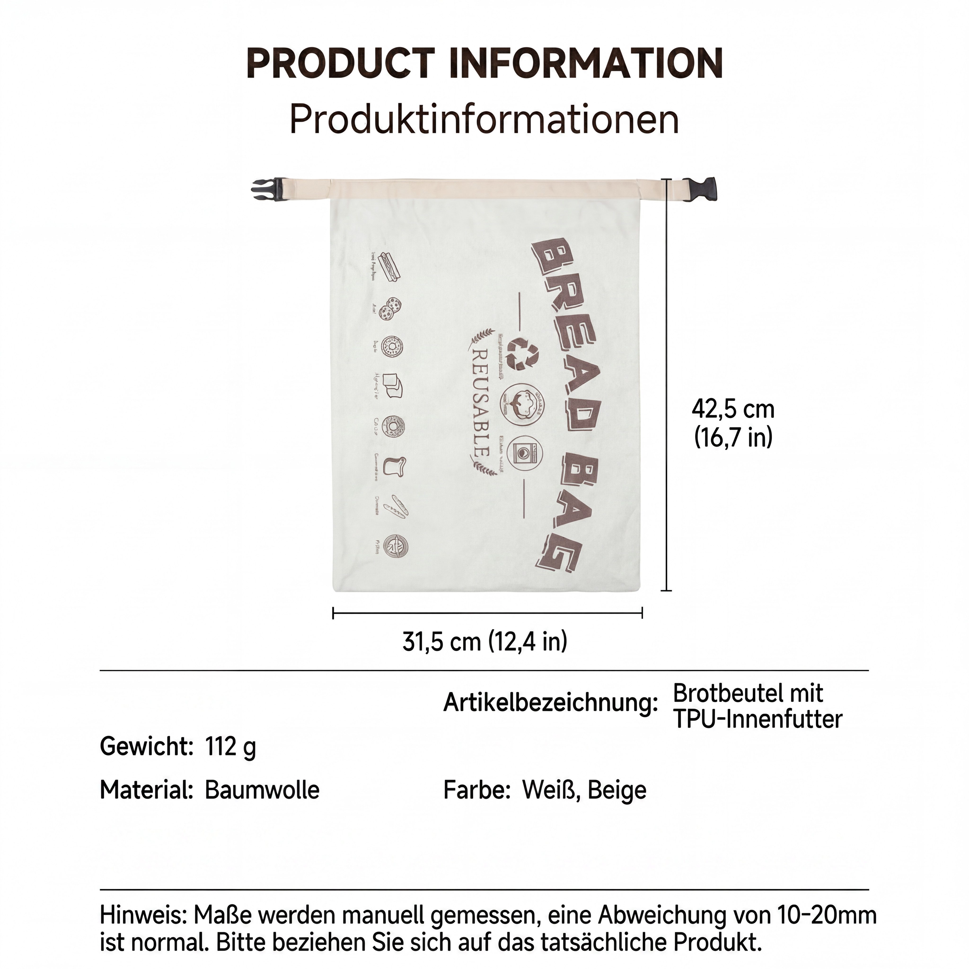 JASLIFE Brottasche Brotbeutel wiederverwendbar mit Clipverschluss, Baumwolle, waschbar, (Einzelstück; 2er Set, 1-tlg., 1-teilig), wiederverwendbar, leicht zu reinigen, praktisch im Alltag