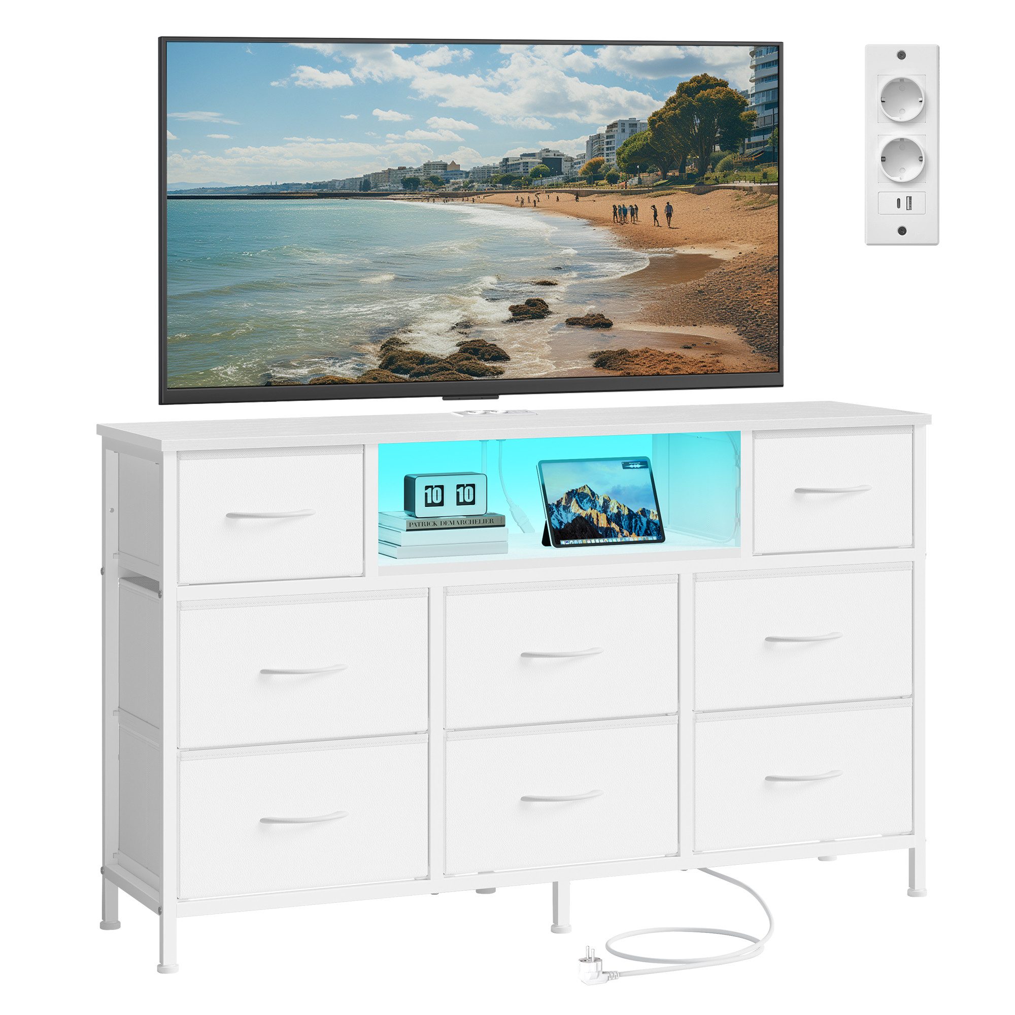 SONGMICS Kommode Sideboard mit Stoffschubladen, Stahlgestell, für Schlafzimmer, TV-Schrank mit Steckdosen und LED-Beleuchtung, 113,8 x 30 x 68,1 cm