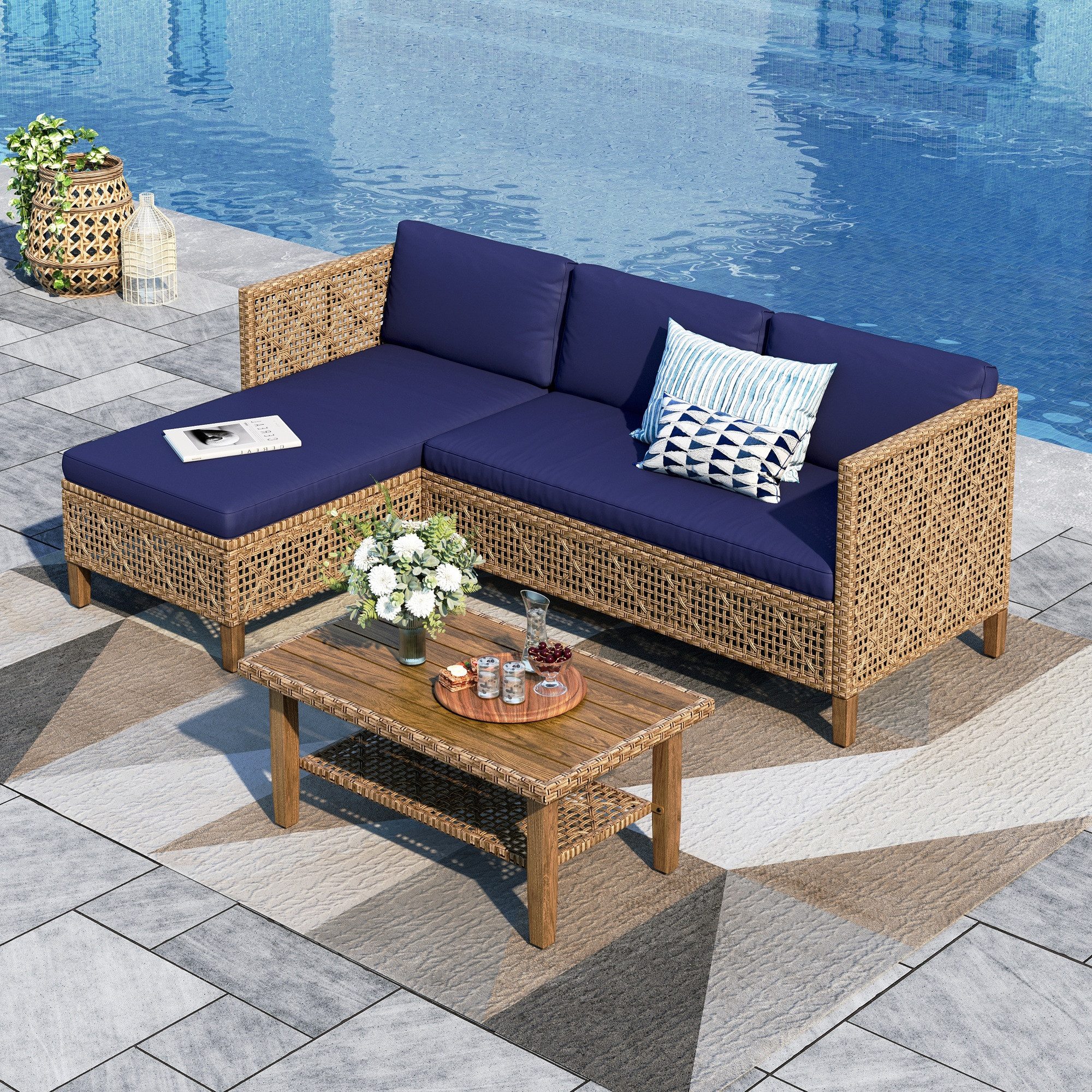 PHI VILLA Gartenlounge-Set, (1 Zweisitzer-Sofa, 1 Chaiselongue und 1 Kleiner Couchtisch, PE Rattan Lounge Möbel Outdoor), 4 Personen Terassenmöbel Außen Gartensofa, Beige und Dunkelblau