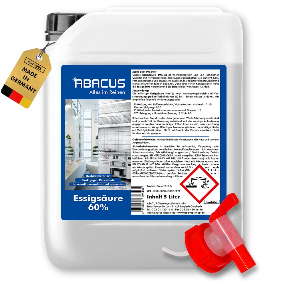 ABACUS Essigsäure 60% Hochkonzentriert für Haushalt, Garten & Industrie Essigreiniger (Vielseitig einsetzbar als Essigreiniger zum Reinigen & Entkalken Individuell verdünnbar)