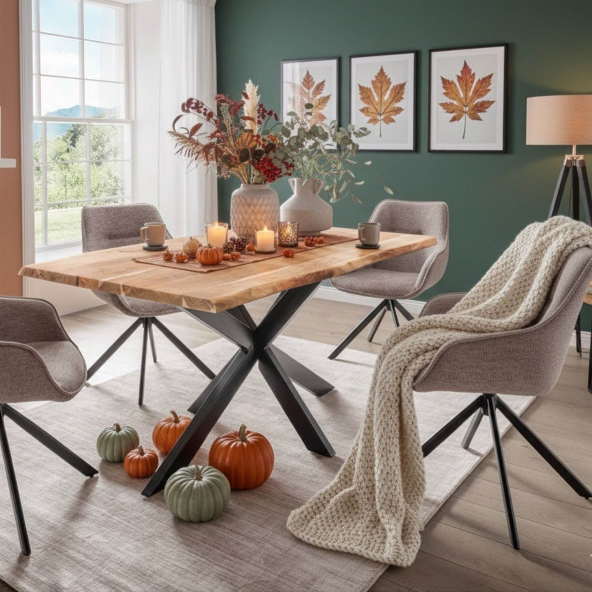 bene living Esszimmer-Set Baumkantentisch Catania und 4er Set Diningsessel San Carlo hellbraun, (Indoor-Möbelset, 5-St), Akazienholz-Tischplatte - drehbare Diningsessel