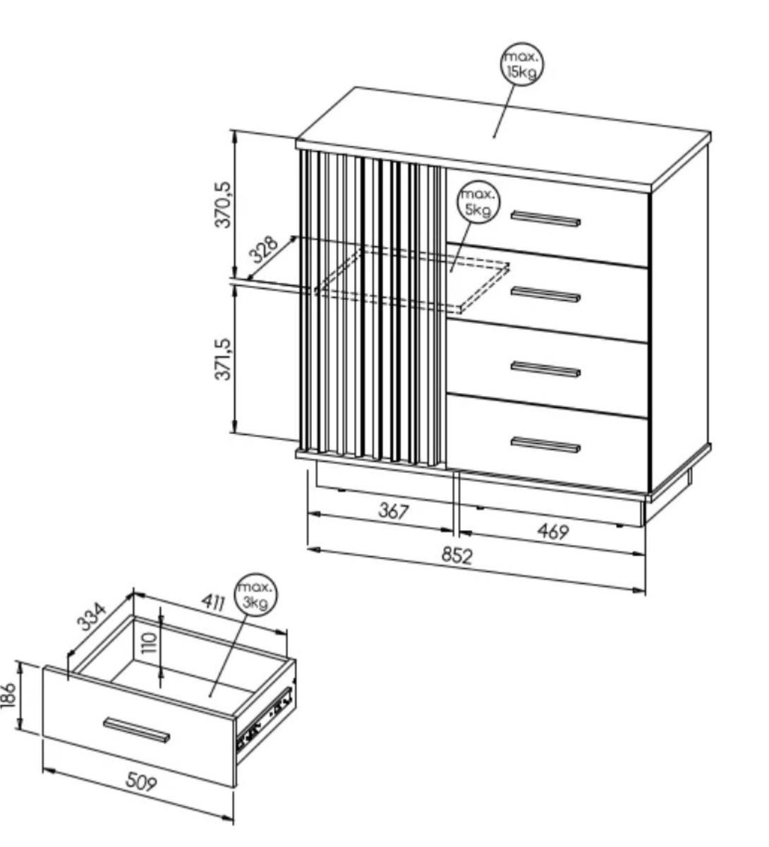 Compleo Kommode schmal für den Flur, Wohnzimmer PUCCI Fronten gefräst