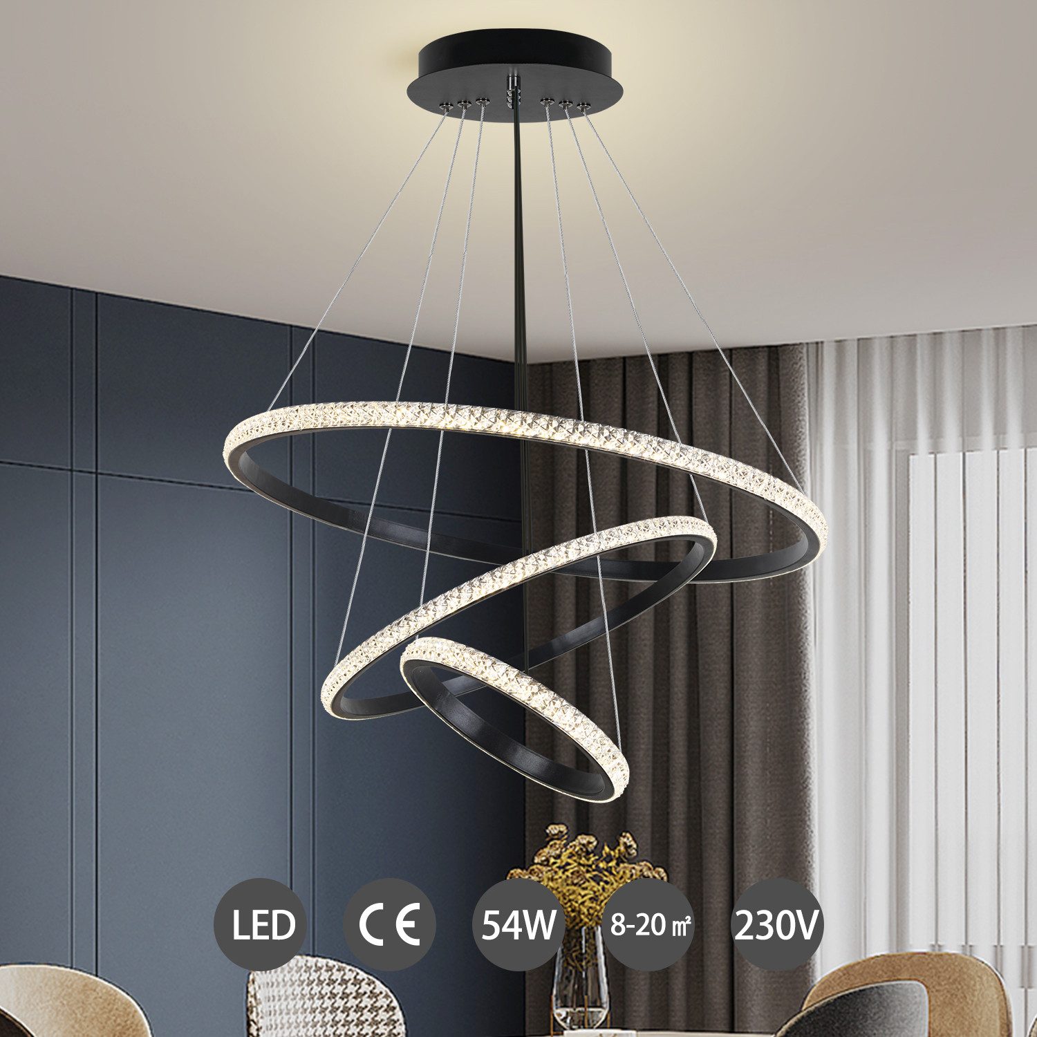 JDONG LED Pendelleuchte schwarz 3 Ring günstig online kaufen