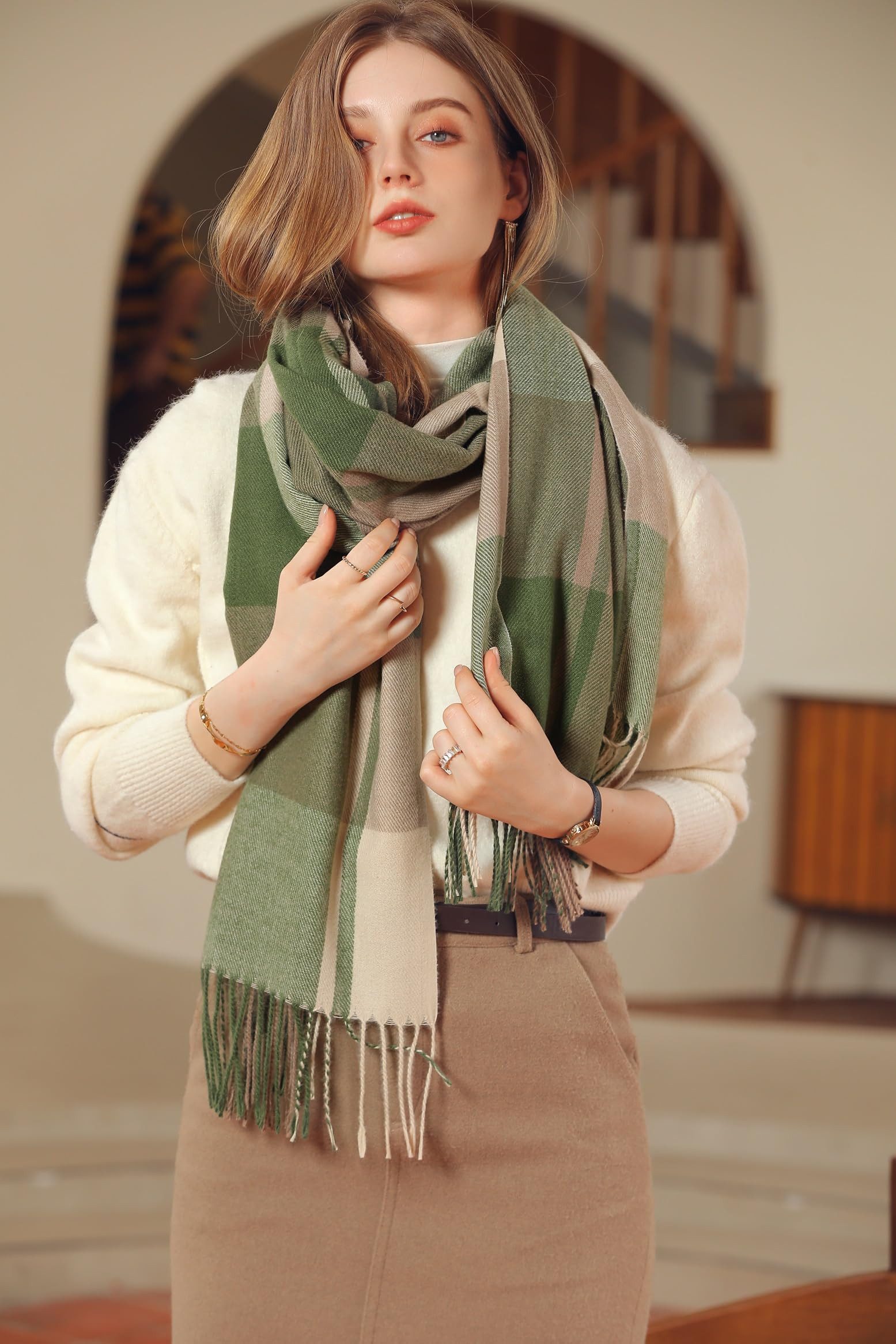 nsihing Modeschal Damen Kariert Oversized Schal Lange Winterschal Weich Wraps, Groß Karo Fransen Schals Warm für Herbst Winter – Bild 3 von 4