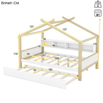 HAUSS SPLOE Kinderbett 140*200cm Hausbett mit Ausziehbett, vier Staufächern, weiß