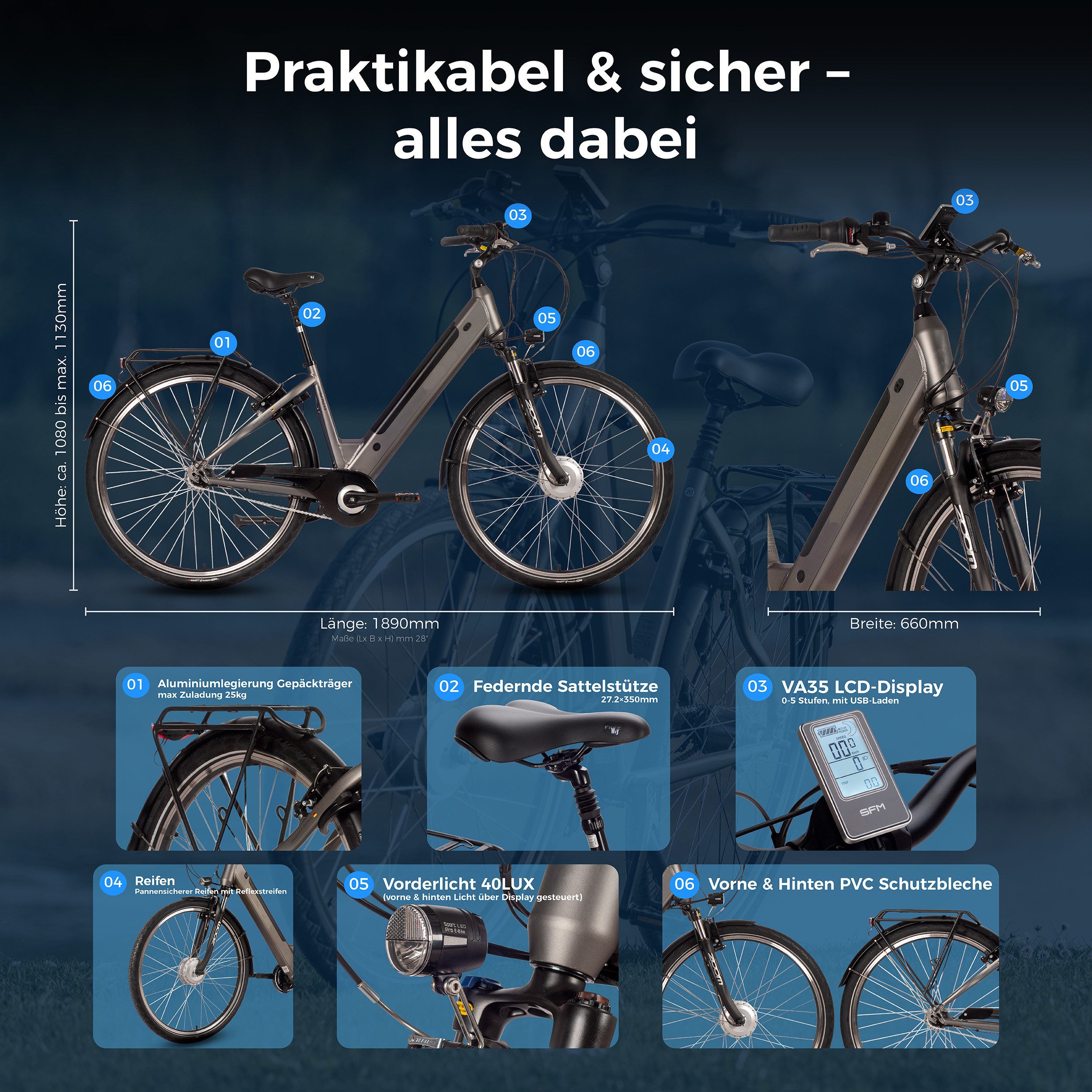 SAXXX E-Bike Cityrad 28 Zoll, max.90km, Federsattelstütze, Federgabel mit Lockout, V-Bremse, 7 Gang Shimano NEXUS Schaltwerk, Nabenschaltung, Frontmotor, 418 Wh, 5 Stufen, max. 130 kg, Pedelec, Elektrofahrrad für Damen und Herren