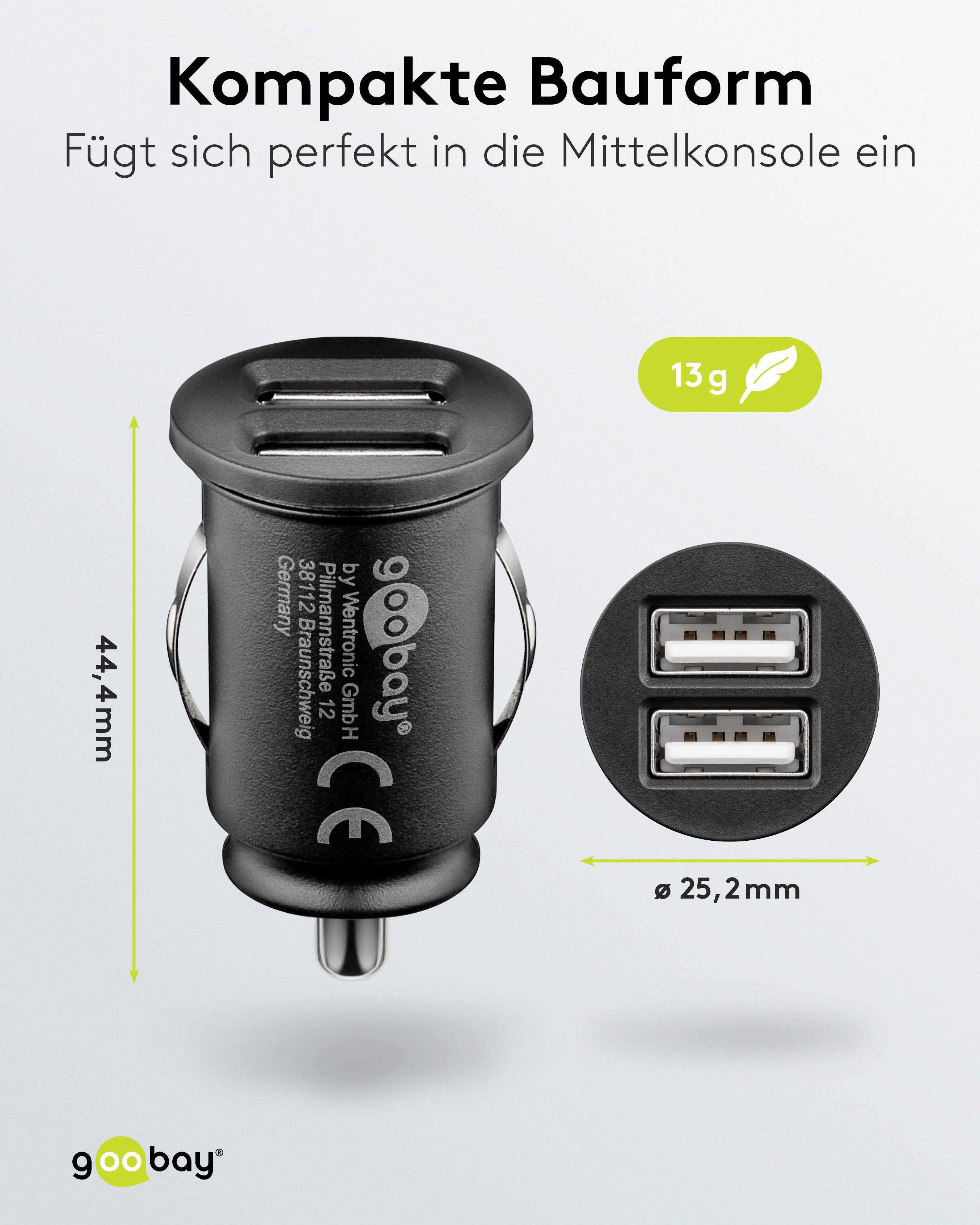 Goobay Dual USB Auto Ladegerät KFZ-Adapter Kfz Zigarettenanzünder-Stecker zu USB Typ A, kompakte Bauform / 2-fach Port / lädt 2 Geräte gleichzeitig