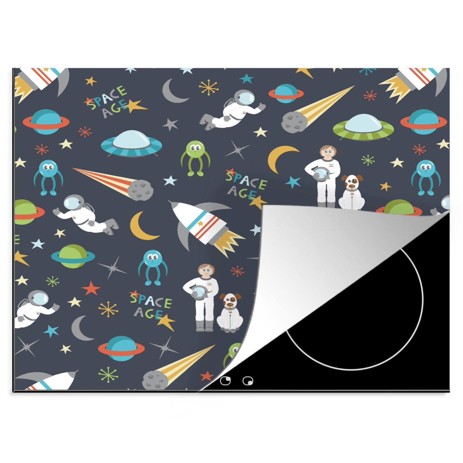 MuchoWow Herdblende-/Abdeckplatte Astronaut - Ufo - Regenbogen - Muster, Vinyl, (1 tlg), 60x52 cm, Mobile Arbeitsfläche nutzbar, Ceranfeldabdeckung