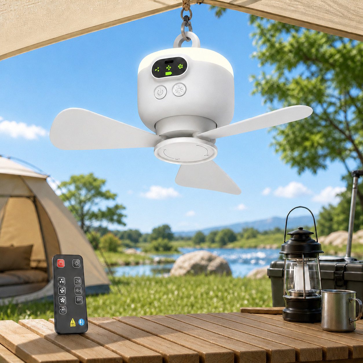 Lapalife Deckenventilator mit Beleuchtung, Aufladbar Tragbar Ventilator, 4 Windgeschwindigkeiten, Timer, Camping Ventilator Leise für Outdoor, Pavillon Terrasse, USB