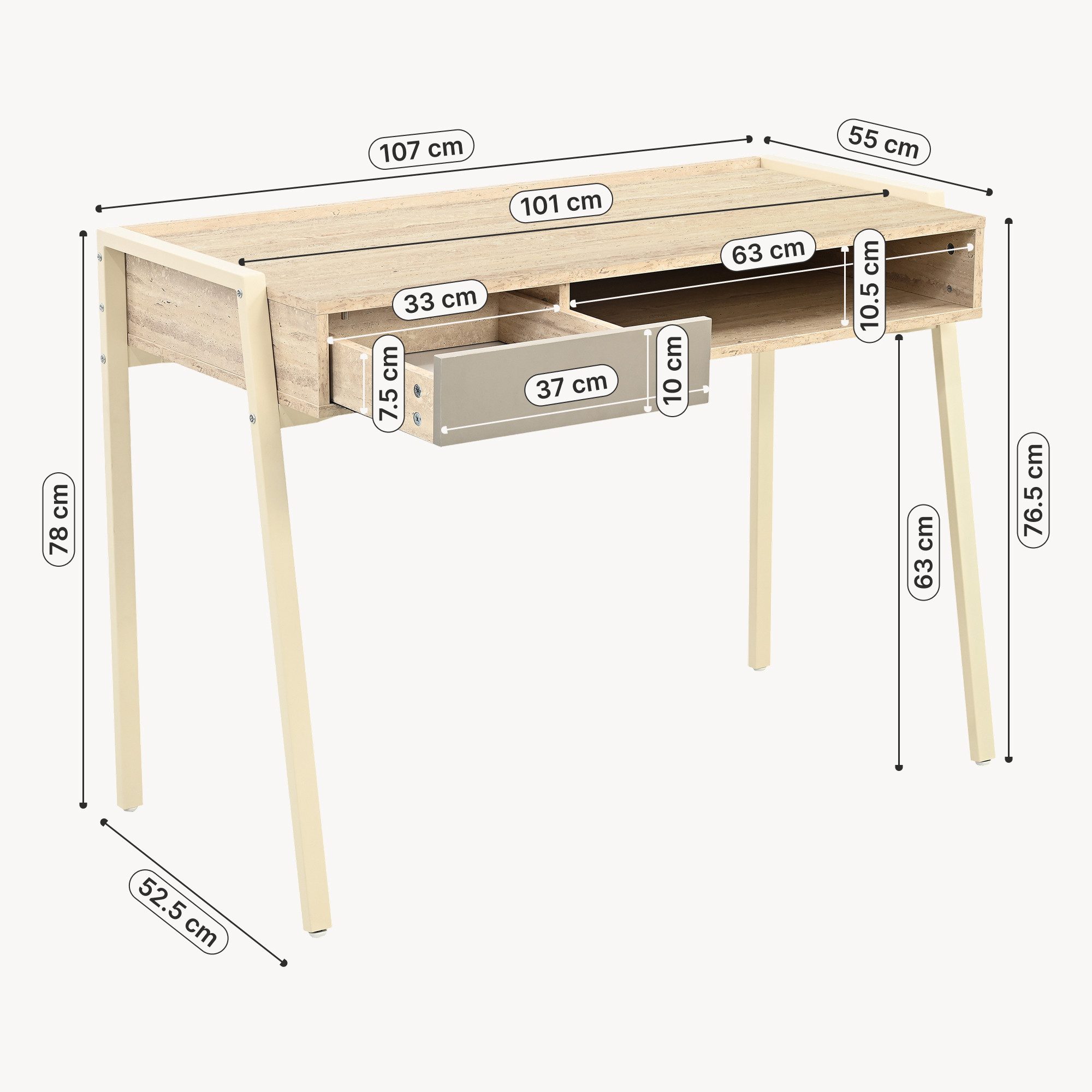 en.casa Schreibtisch, »Boderas« mit Stauraum 107x55x78 cm Metallgestell Beige/Travertin