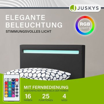 Juskys Polsterbett Verona, 90x200 cm, LED-Licht, weiches Kopfteil, inkl. Kaltschaummatratze