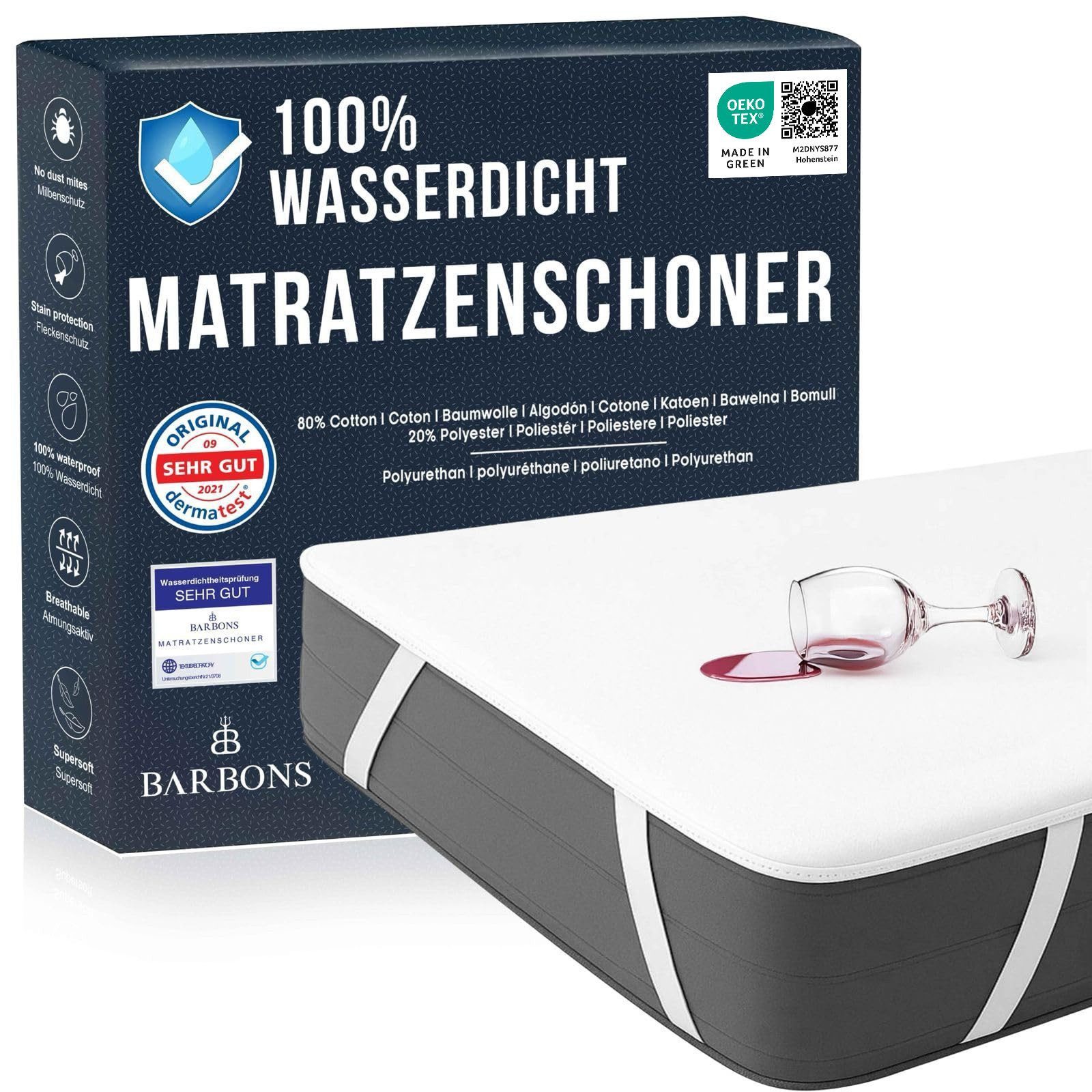 Matratzenschoner, Matratzenauflage OEKO-TEX zertifiziert, Matratzenschutz Baumwolle BARBONS, Atmungsaktiv, Wasserdicht, Knsterfreier