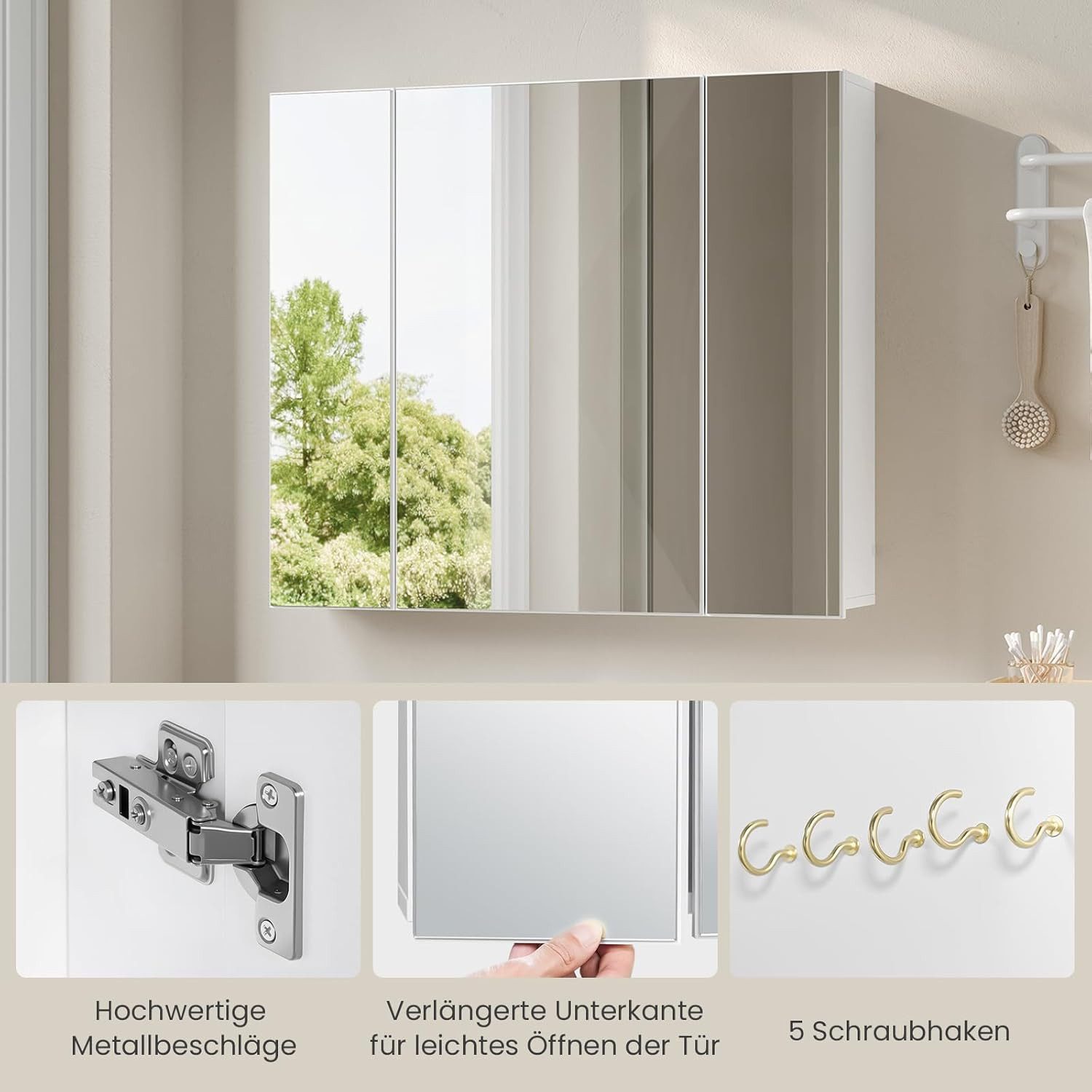 EUGAD Spiegelschrank (1-St) mit 3 Türen mit verstellbaren Einlegeböden und Haken – Bild 4 von 5