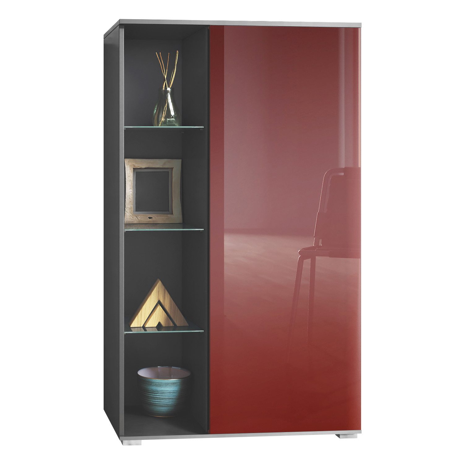 Vladon Standvitrine Davos (Standvitrine, mit 3 Glasböden und 8 Fächer) Anthrazit matt/Bordeaux Hochglanz (71,5 x 134 x 35 cm)