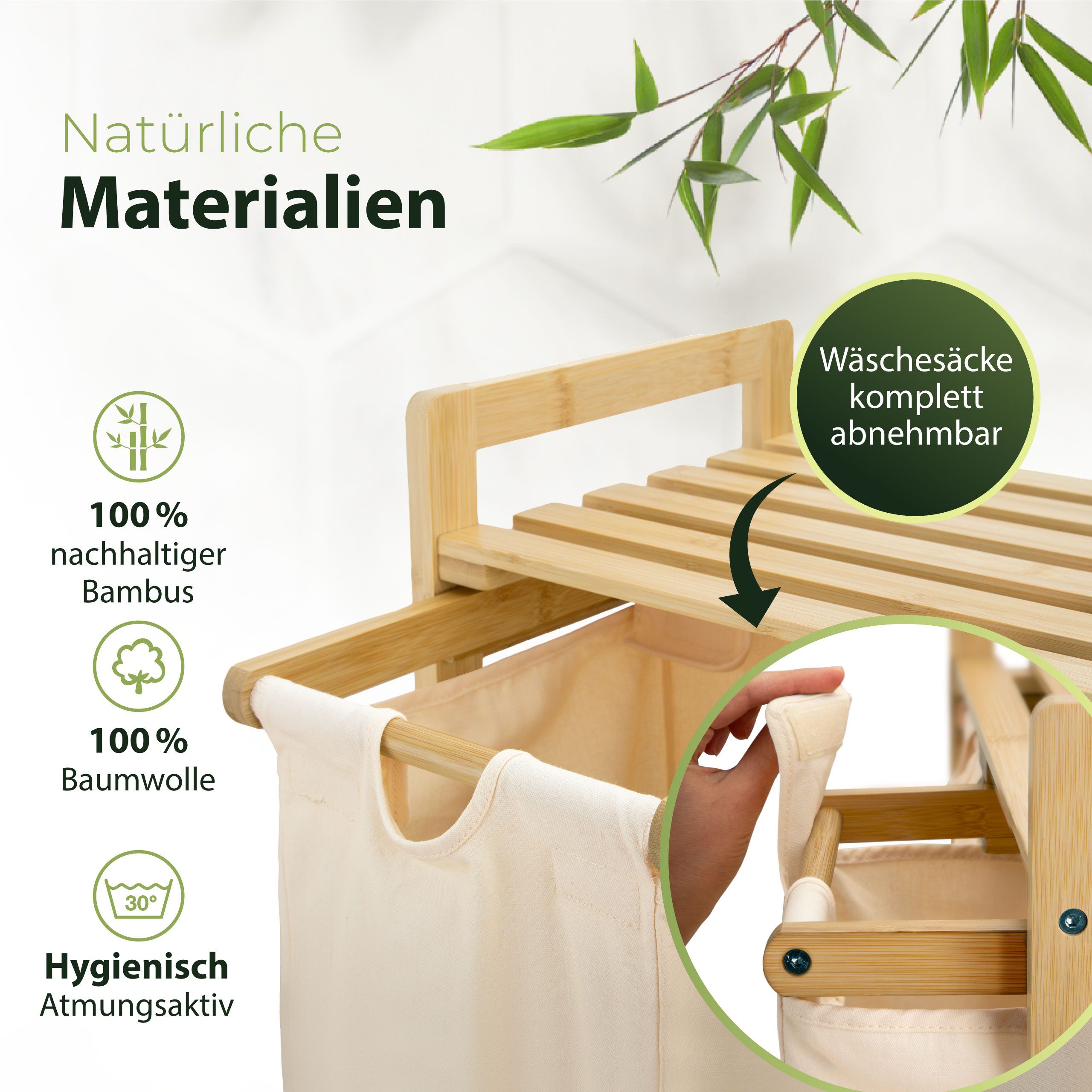 AMBIAVO Wäschekorb 3 Fächer aus Bambus und Baumwolle, mit Ablage – Bild 4 von 5
