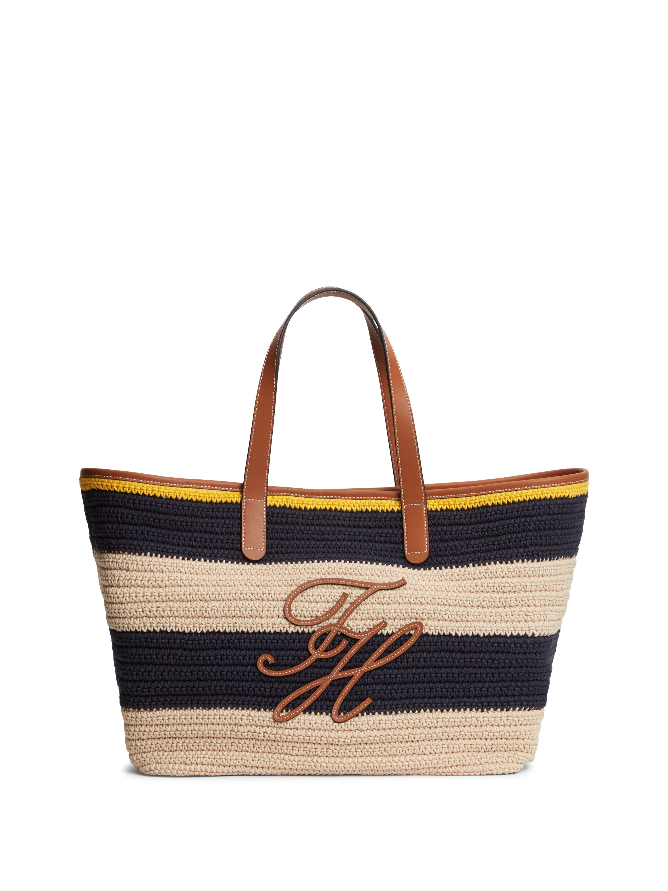Tommy Hilfiger Tragetasche TH NAUTICAL TOTE CROCHET STR, Damen Strandtasche mit Streifen und Logoschriftzug
