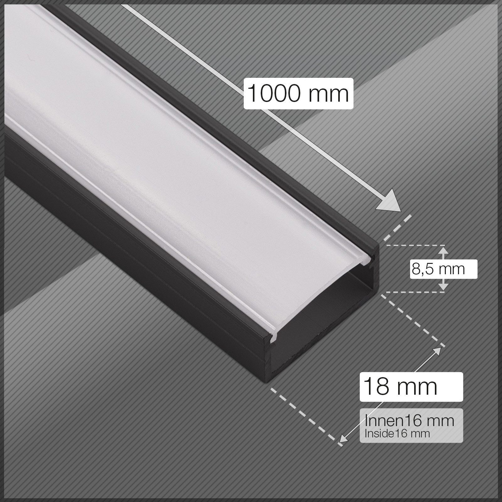 SO-TECH® LED-Stripe-Profil LED Profil-PH1 für breite LED Stripes bis 16 mm, 1000 x 18 x 8,5 mm, schwarz, mit opaler Abdeckung – Bild 5 von 5