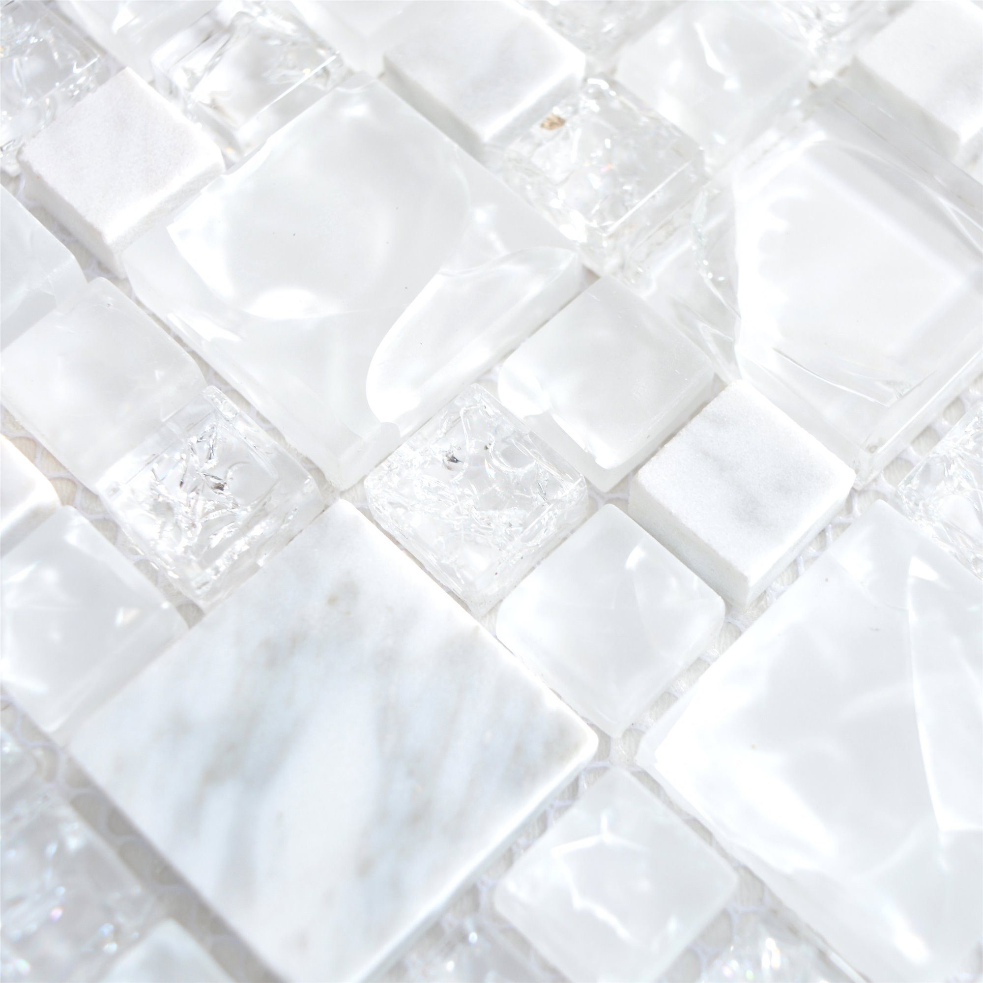 Mosafil Mosaikfliesen Glas Marmor Mosaikfliesen Malawi Bruchglas 2 Mix, Naturstein-Glas-Marmor 30.500x30.500, weiß, Verlegefertig auf ein Netz geklebt - Frostsicher - Wasserfest