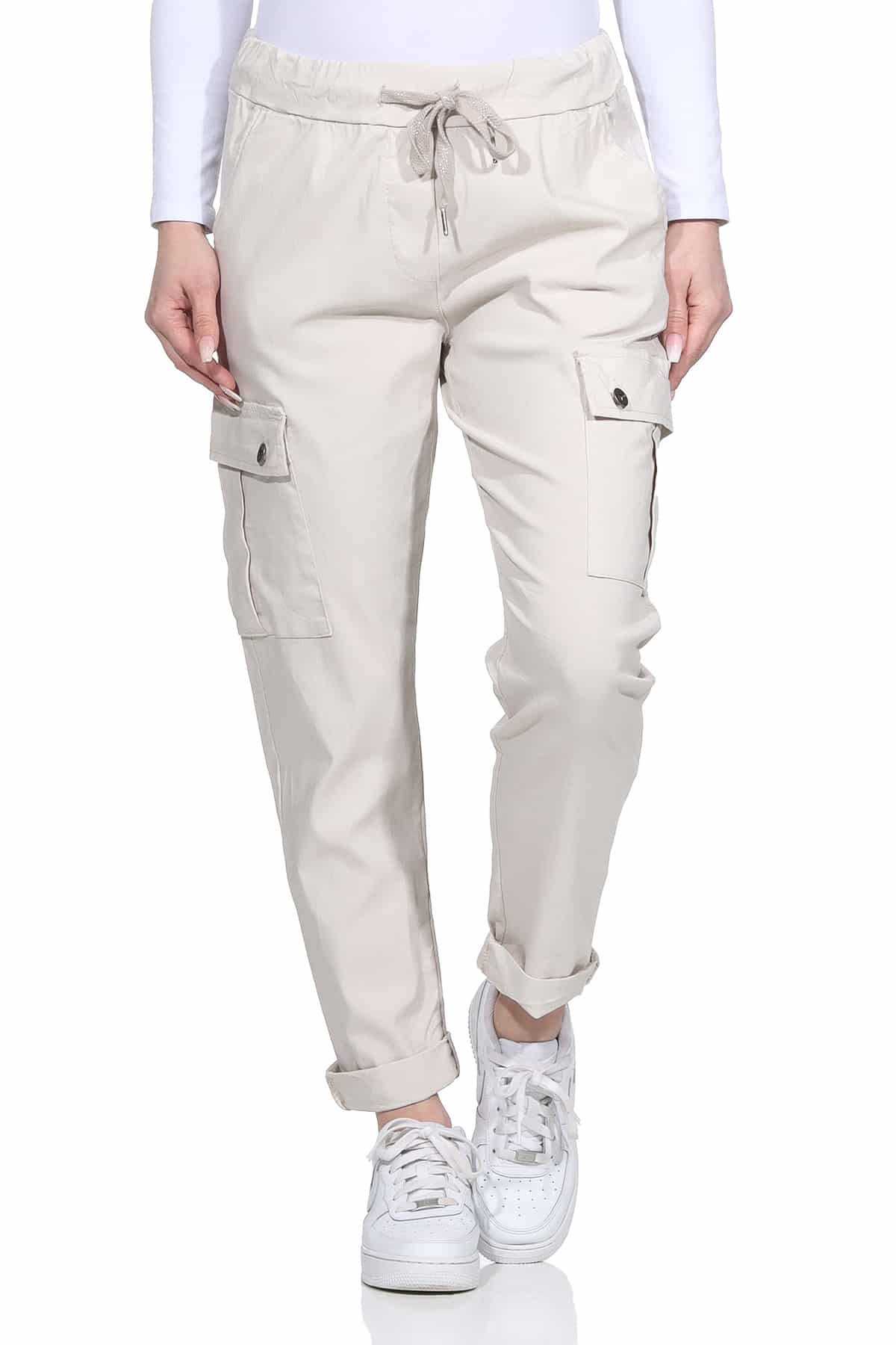 OriginalYou Cargohose Damen Freizeithose Schlupfhose moderne Stoffhose elastischer Bund, Knitterlook