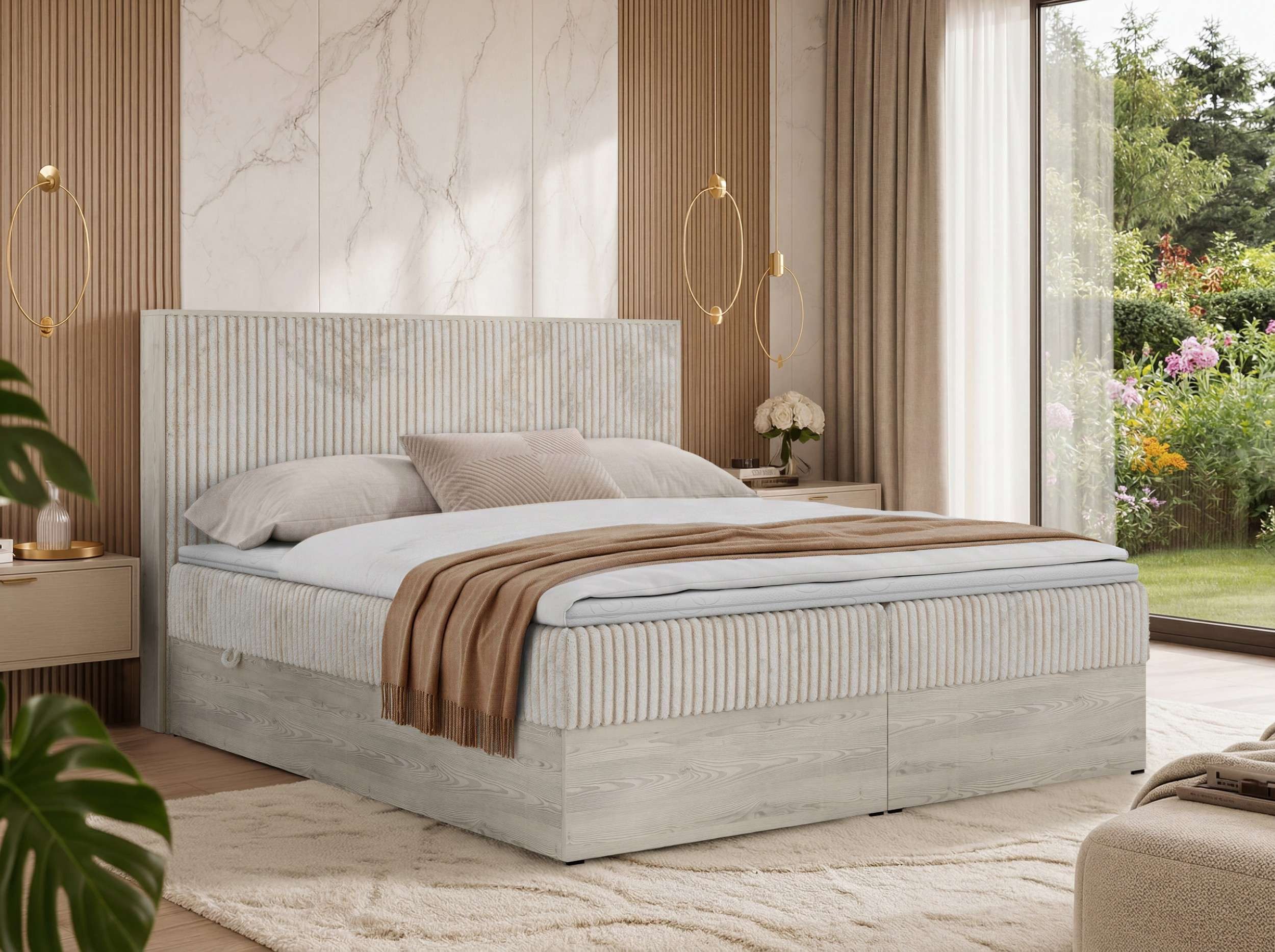 MKS MÖBEL Boxspringbett NORDIC (Packung, Doppelbett, holz optik Polsterbett, Visco/T25 Topper), Multipocket-Matratzen, in verschiedenen Größen und Härtegraden