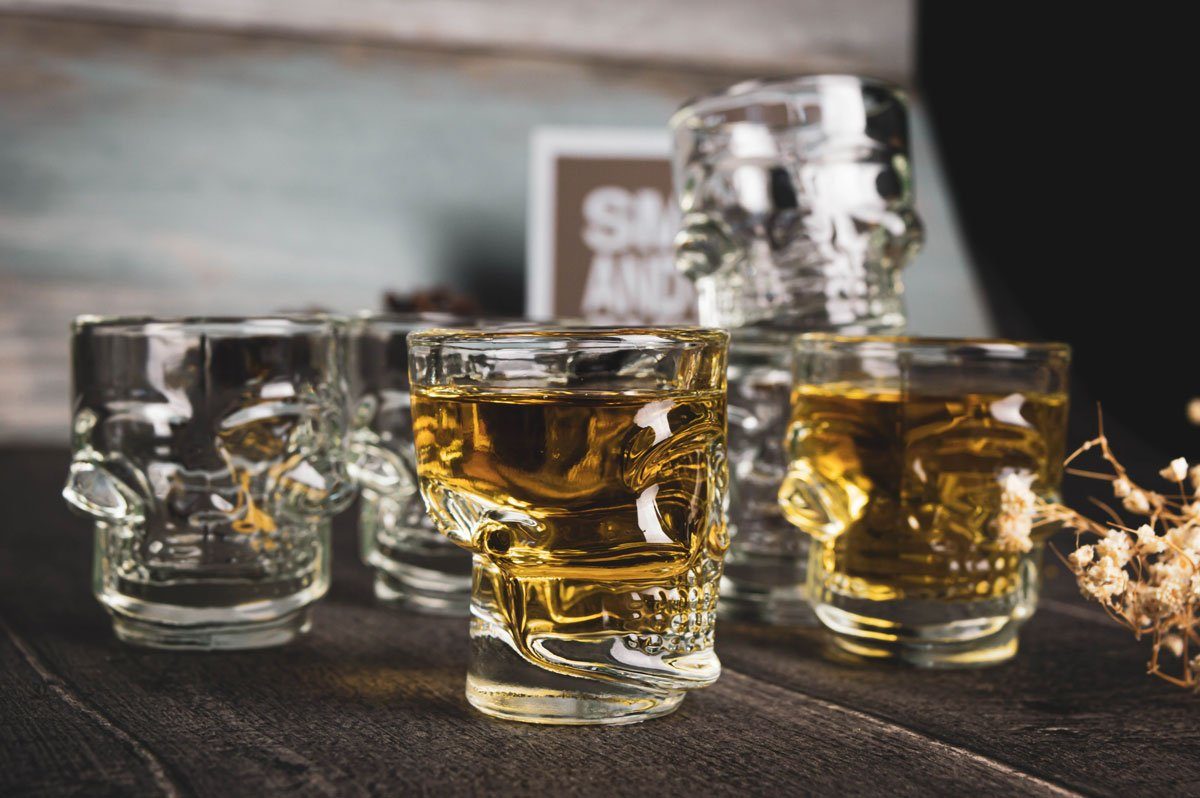 Sendez Schnapsglas Schnapsgläser in Totenkopf Shotgläser Schnaps Shots Stamper, 6-tlg., Glas – Bild 5 von 5