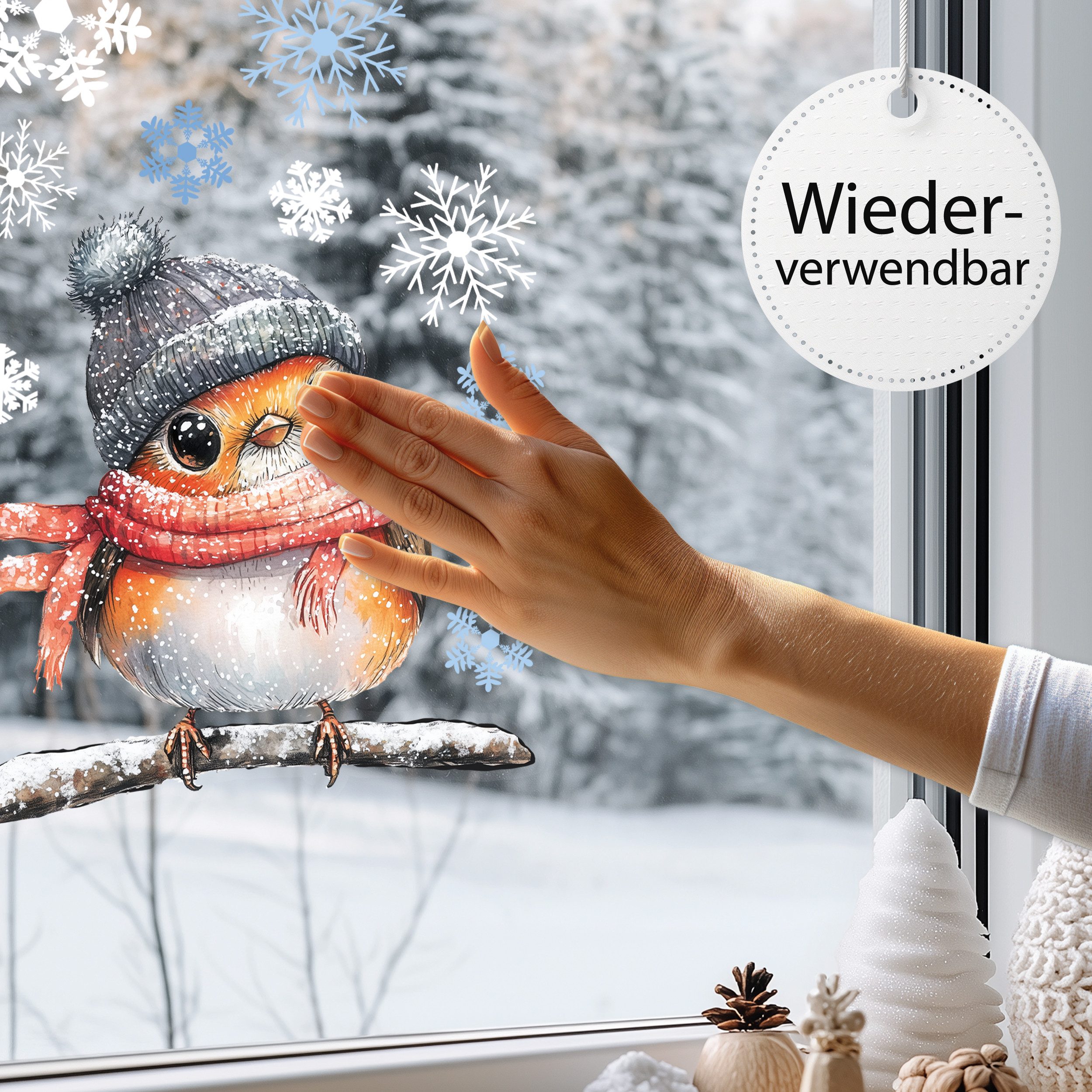 Sunnywall Fensterdekoration Kinderzimmer Fensterbild Winter Rotkehlchen Robin, wiederverwendbar, statisch haftend, beidseitiger Druck