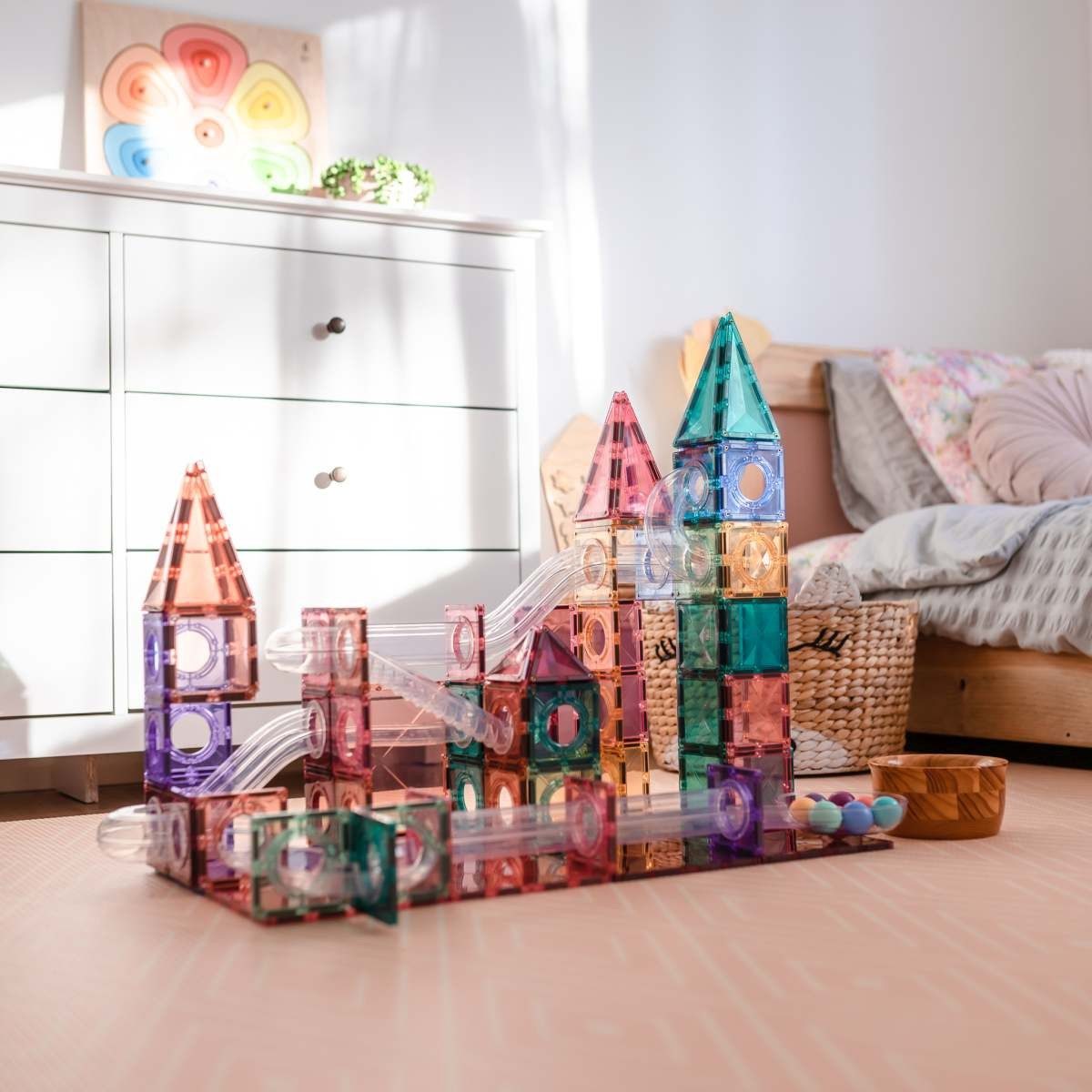 Connetix CONNETIX Pastel Kugelbahn Magnetbausteine 106-teiliges Set Holzkugeln Magnetspielbausteine, (Open Play, 106 Teile), ab 3 Jahren