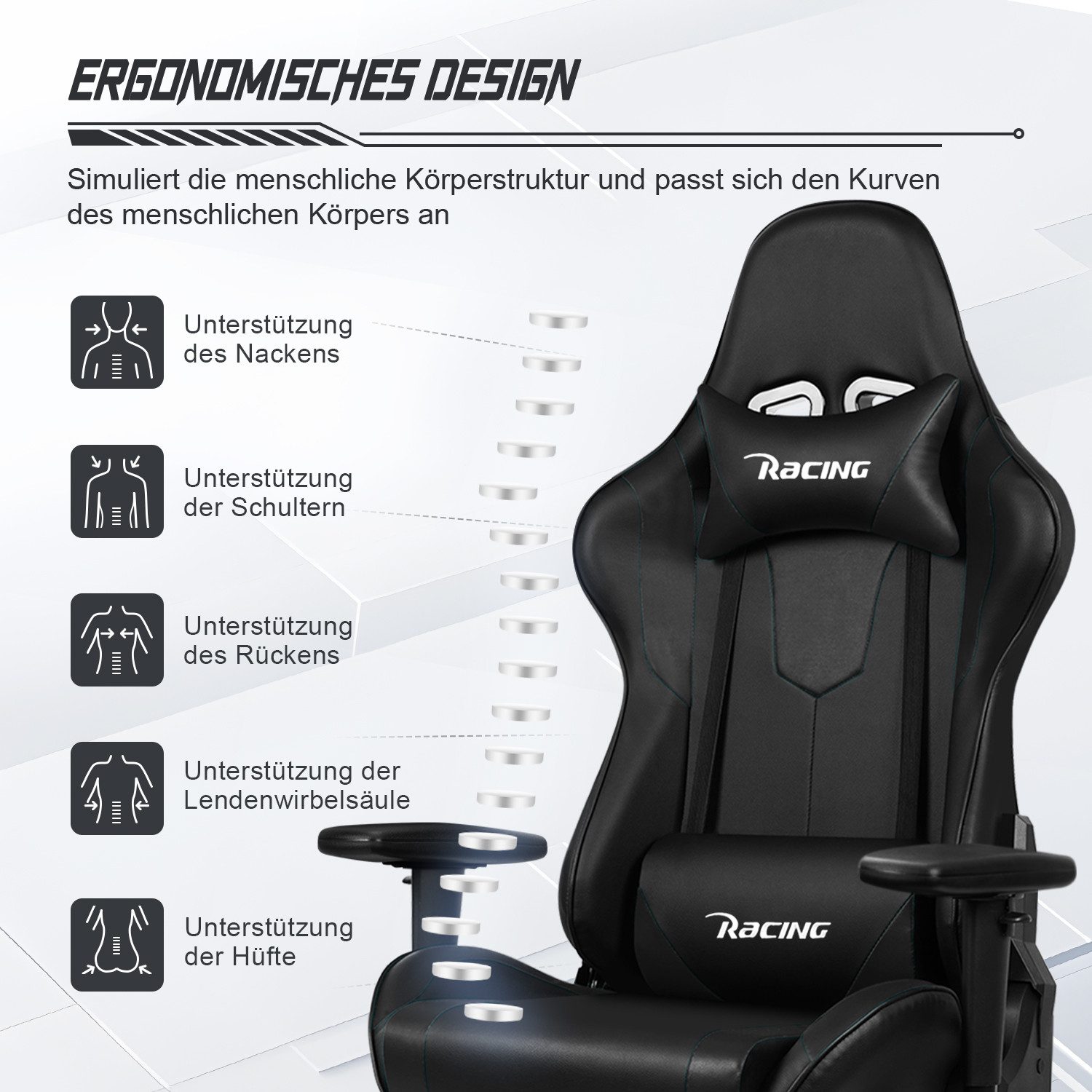 Homimaster Gaming-Stuhl Gaming Stuhl, Ergonomischer Bürostuhl,Gaming Chair mit Wippfunktion (Mit verstellbarem Lendenkissen, Kopfstütze und Armlehnen, gepolsterter Gamer Stuhl), Schreibstuhl Höhenverstellbar, 150kg Belastbar