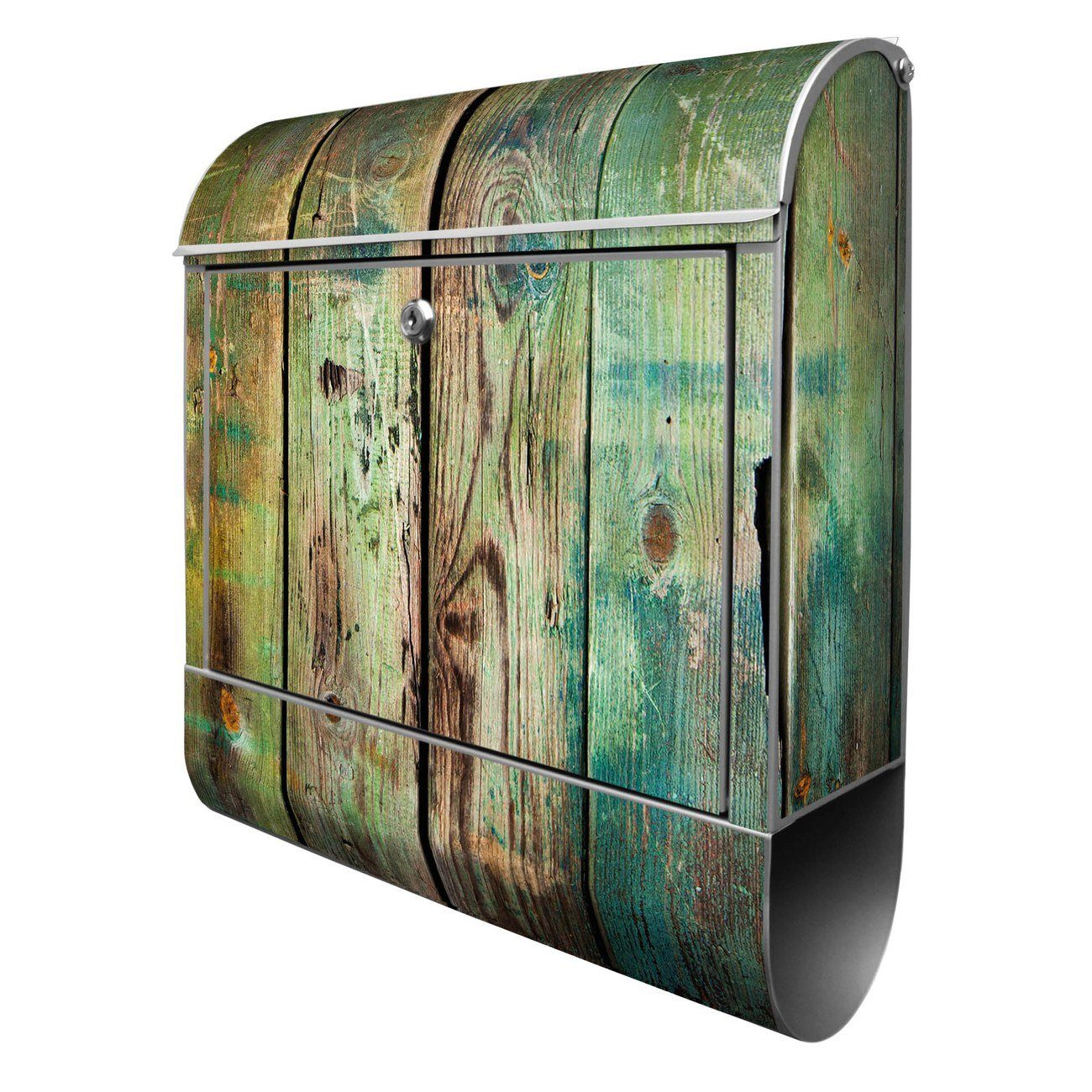 banjado Wandbriefkasten Stahl Grünes Holz (Wandbriefkasten witterungsbeständig, pulverbeschichtet, mit Zeitungsfach), 39 x 47 x 14cm silberfarben | Briefkästen