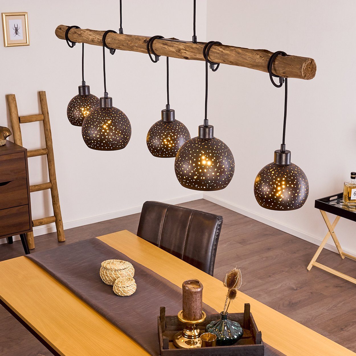 Vintage schwarz ohne kupferfarben, Holz Deckenlampe in in aus Pendellampe Look »Nave« 5-flammige hofstein Leuchtmittel, und Pendelleuchte Metall 5xE27 Natur, mit