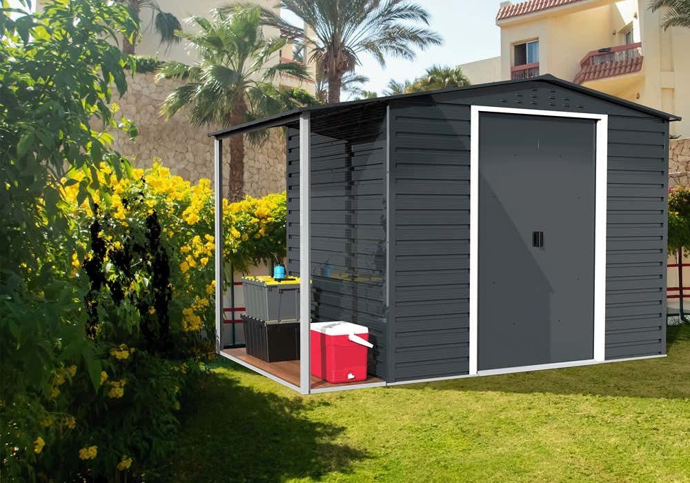 DURAMAX Gerätehaus DURAMAX Metall-Alpine 2,4x1,8m mit Anbau, BxT: 320,9x183 cm, in Anthrazit mit 0,31mm Wandstärke