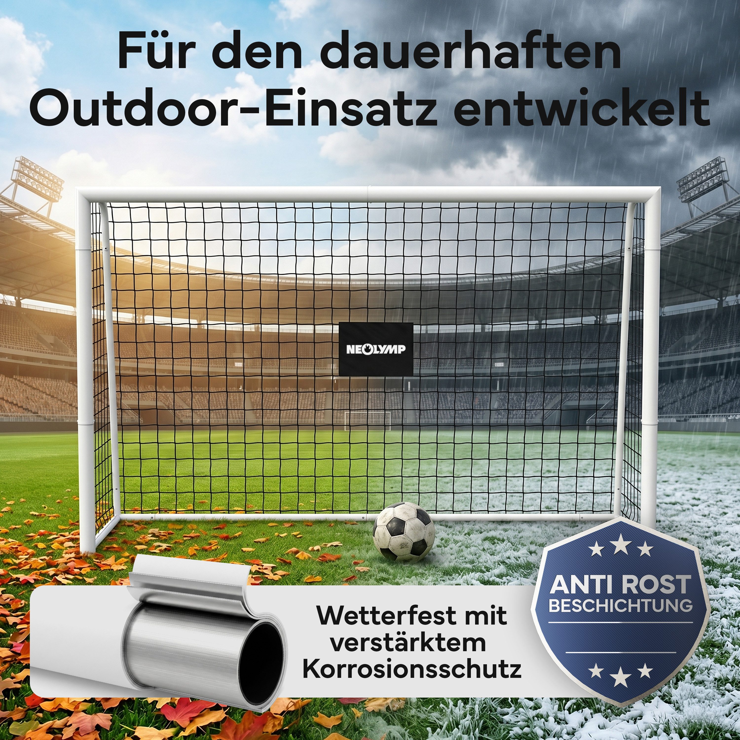 NEOLYMP Fußballtor für Garten – Robustes Stadion-Tor aus Metall, korrosionsgeschützt (Fußballtor für Garten mit Polyester-Netz – Einfacher Aufbau), Wetterfestes Fußballtor Kinder Outdoor inkl. Heringe – Klicksystem