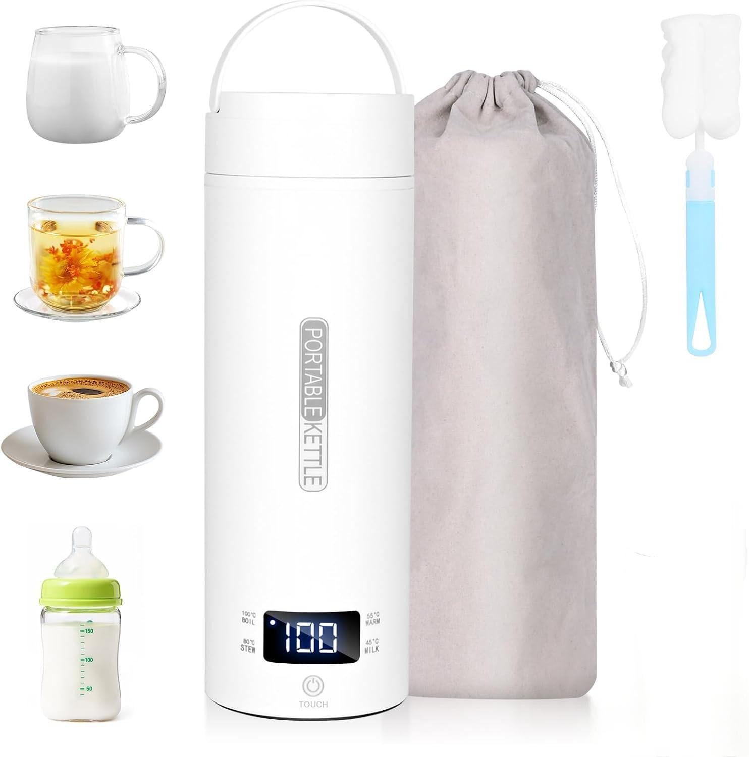 ibettertec Wasserkocher Tragbarer Wasserkocher,Reise-Wasserkocher,Thermobecher,Edelstahl, 300 W, 220V,500ml,Teekanne,Heizbecher,LCD-Temperaturanzeige,Geschenkset