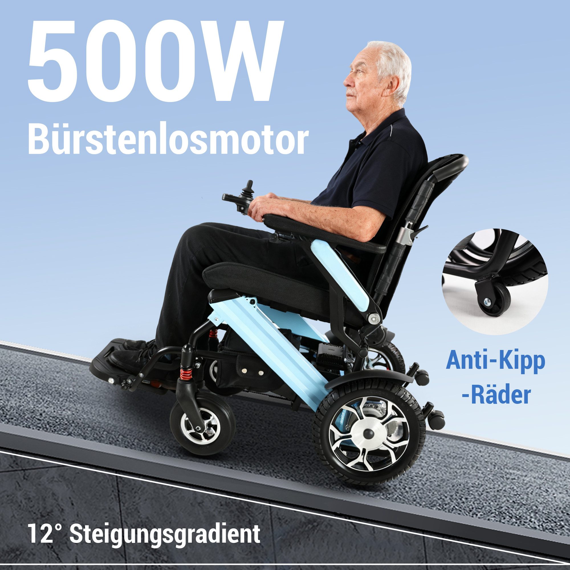 Vankel Elektrorollstuhl Elektrisch Faltbar Leicht bis 150KG, Faltbar, 25 km, seniorenmobil, 2x250W, 6,00 km/h E-Rollstuhl