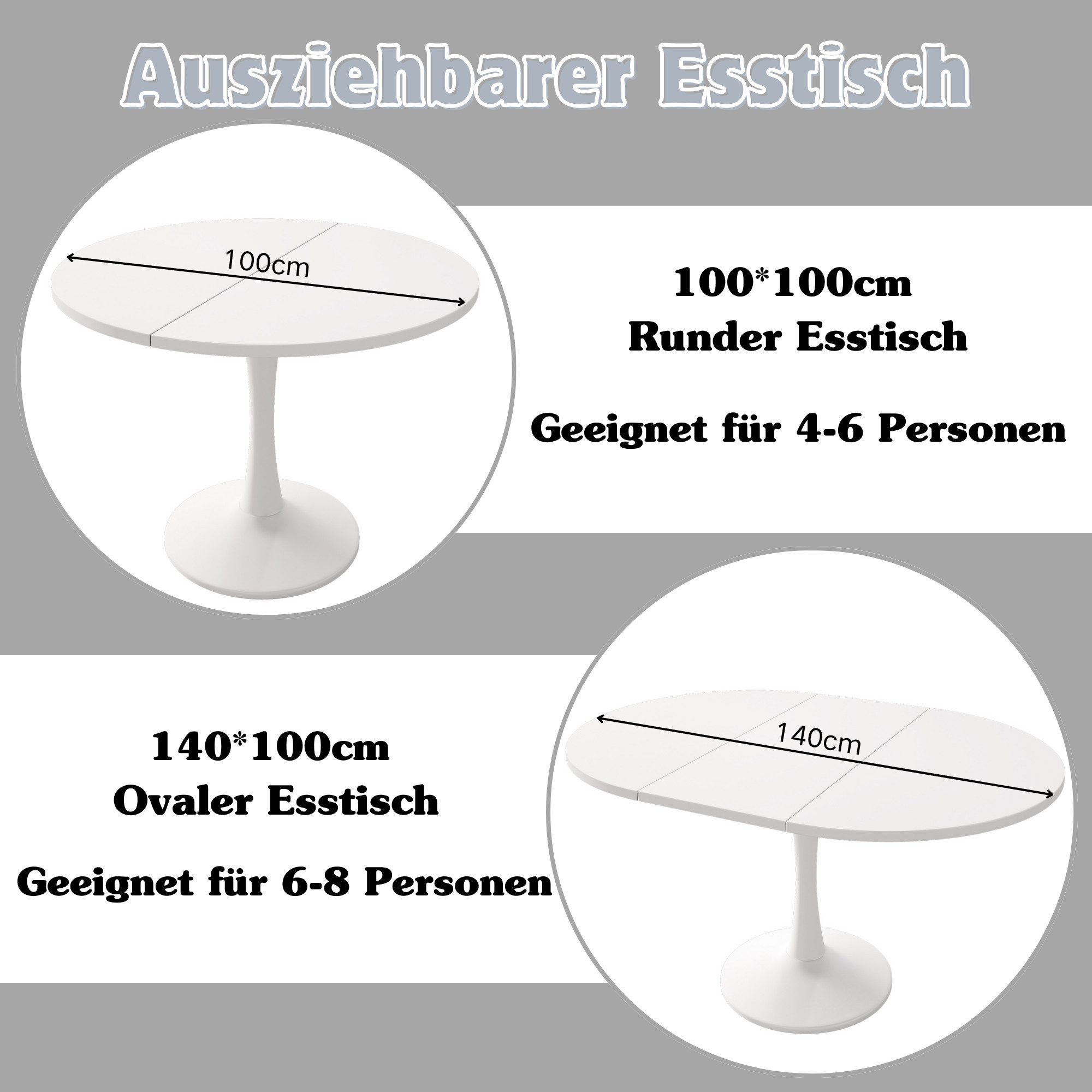 MC Star Esstisch Ausziehbarer Esstisch, ovaler Esstisch, Kaffee-Freizeittisch (Länge 100/140 x Breite 100 x Höhe 75 cm, moderner schlichter Esstisch)