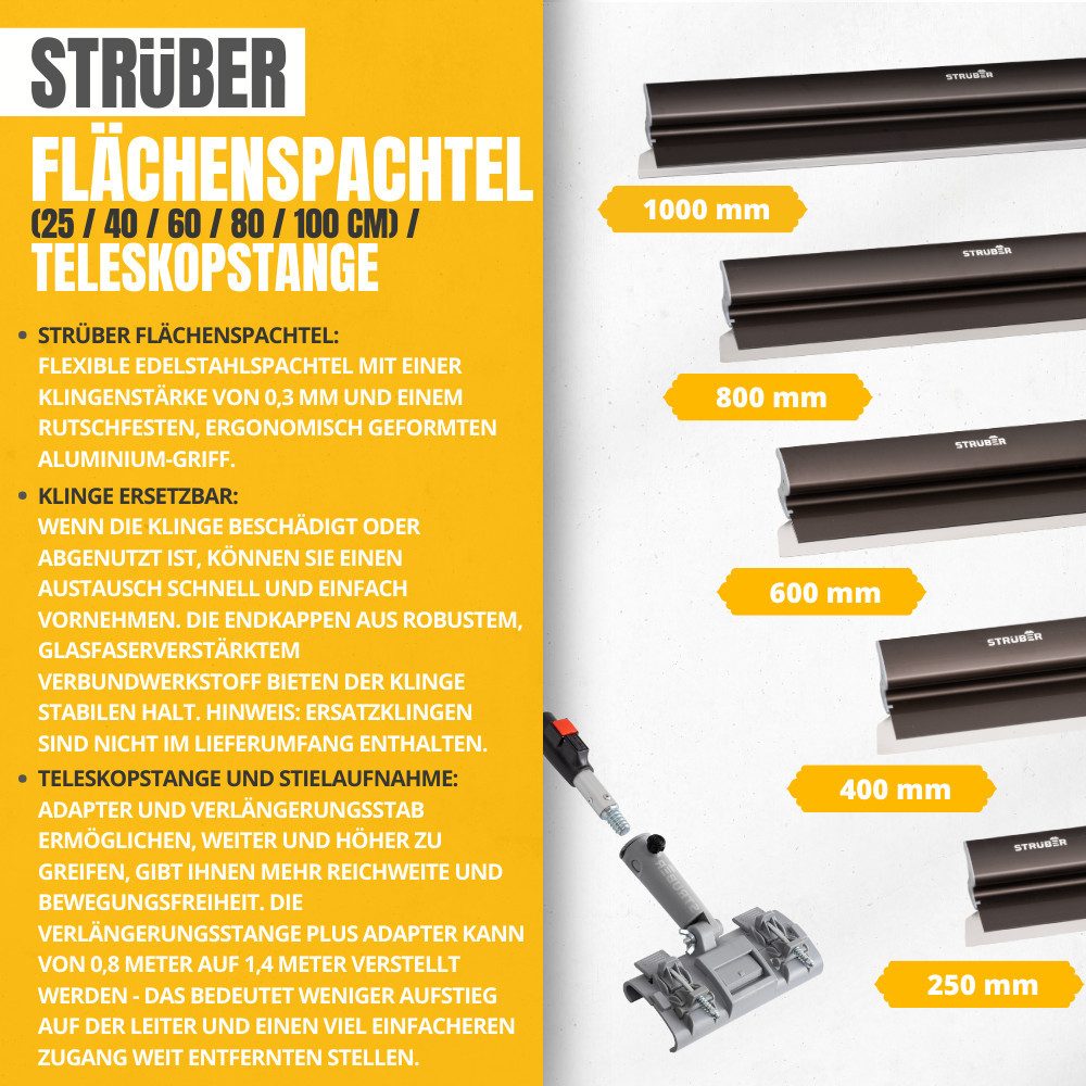 STRÜBER Flächenspachtel Flächenspachtel (25/40/60/80/100 cm) & Teleskopstange (25cm-St) Edelstahlklinge, Aluminiumgriff, Breit, Ausziehbare Teleskopstange