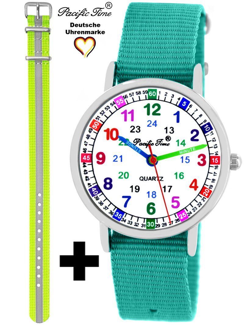 Pacific Time Quarzuhr Set Reflektor türkis gelb Armbanduhr und und Wechselarmband, Versand Match Gratis Mix - Design Kinder Lernuhr